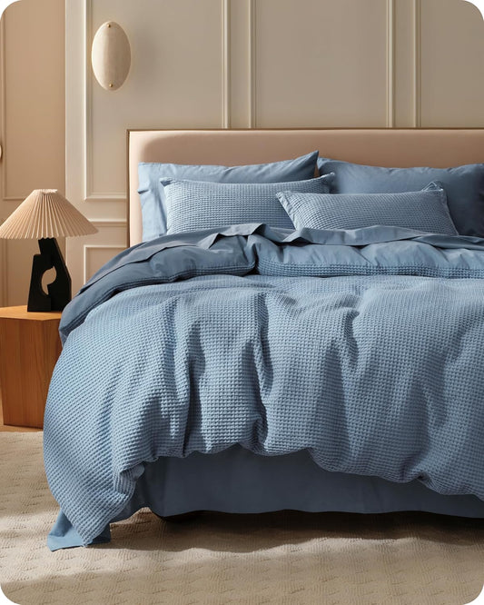 Bedsure Cotton Duvet Cover Queen - 100% Cotton Waffle Weave Grey Blue Duvet Cover Queen Size, GentleSoft™ and Breathable Bedding Set for All Season, 3 Pieces, 90"x90"