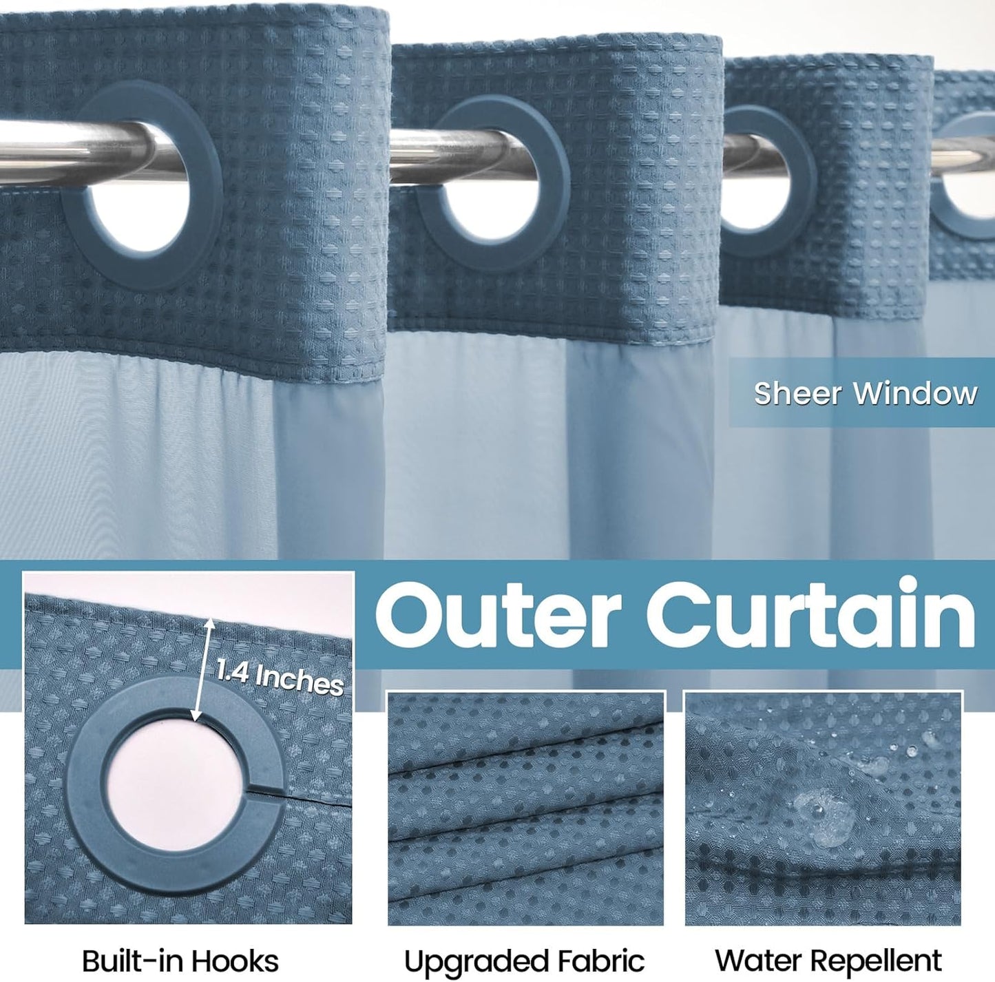 Moonlight Blue No Hook Shower Curtain with Snap in Liner,230GSM Waffle Weave Shower Curtains for Bathroom,71W x 74H