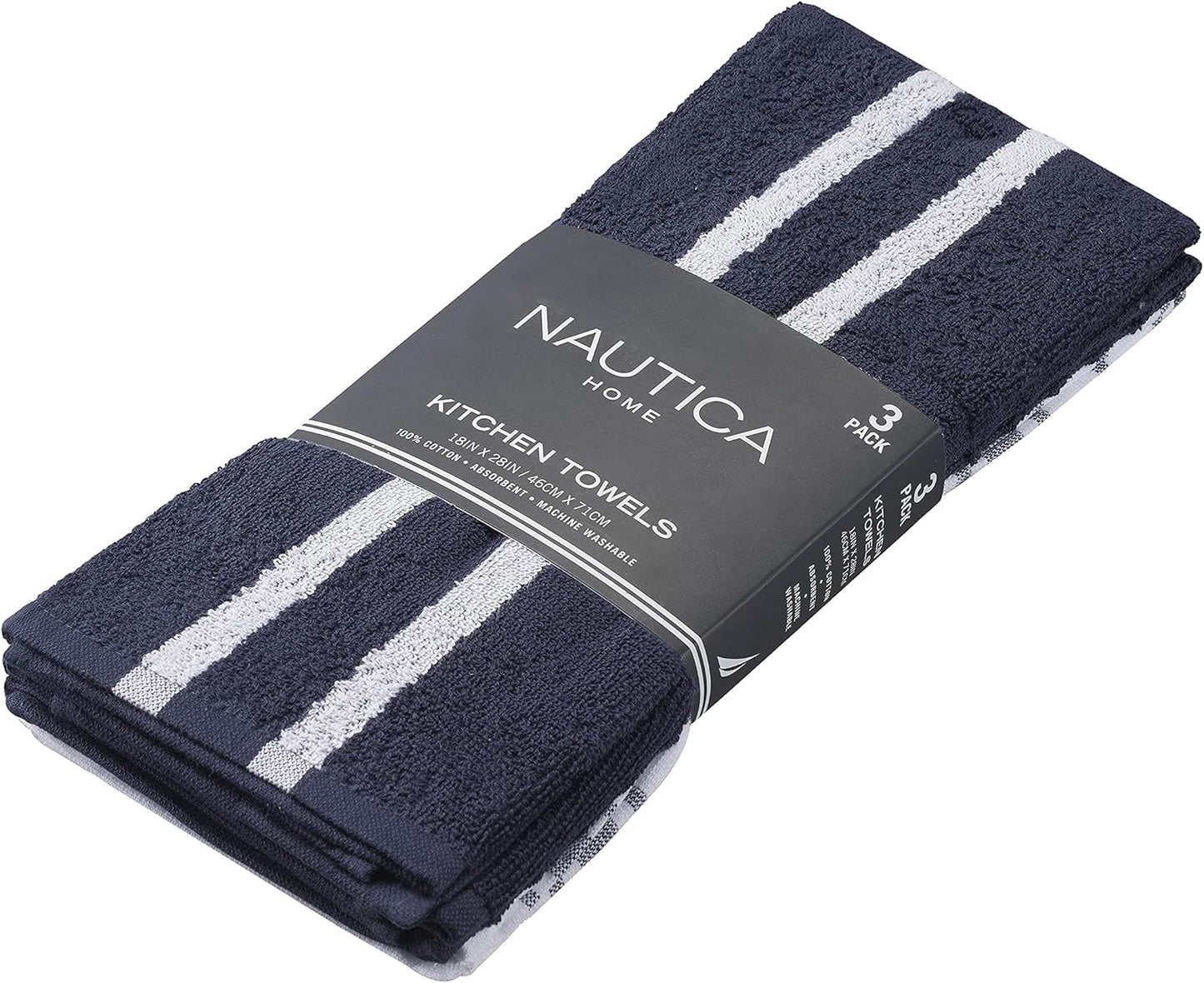 Nautica 100% Cotton Kitchen Towels Set of 3 | 18" x 28" Super Absorbent Reusable Cleaning Cloths, Tea Towels, Hand Towels for Drying Dishes | Navy/White Multi Dish Towels for Kitchen