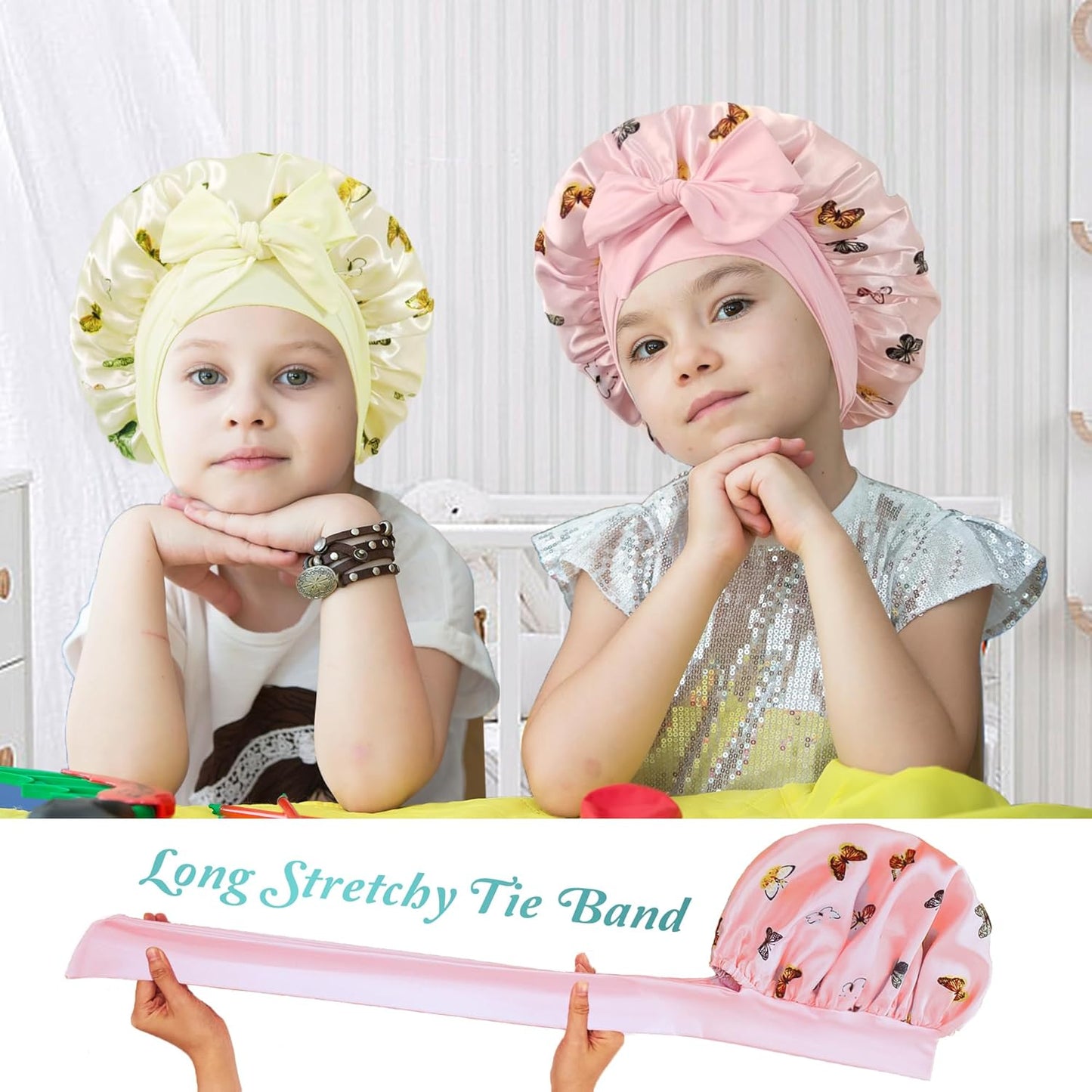 2 PCS Kids Bonnets for Girls, Silk Bonnet for Kids, Satin Bonnet for Sleeping, Baby Toddler Tie Bonnet Sleep Cap