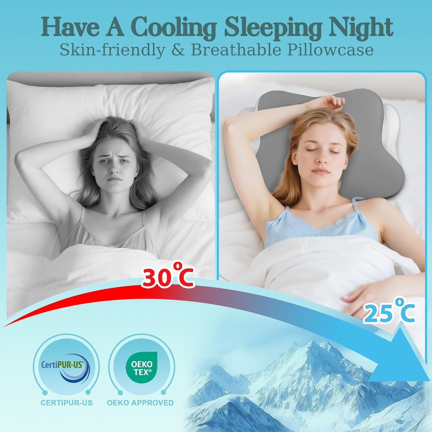 Cervical Neck Pillow for Pain Relief - Ergonomic Bed Pillow for Neck Support, Cooling Contour Orthopedic Memory Foam Pillows for Side Back Stomach Sleepers (Light Grey, Queen-23.2''Lx15.1''Wx4.7''H)