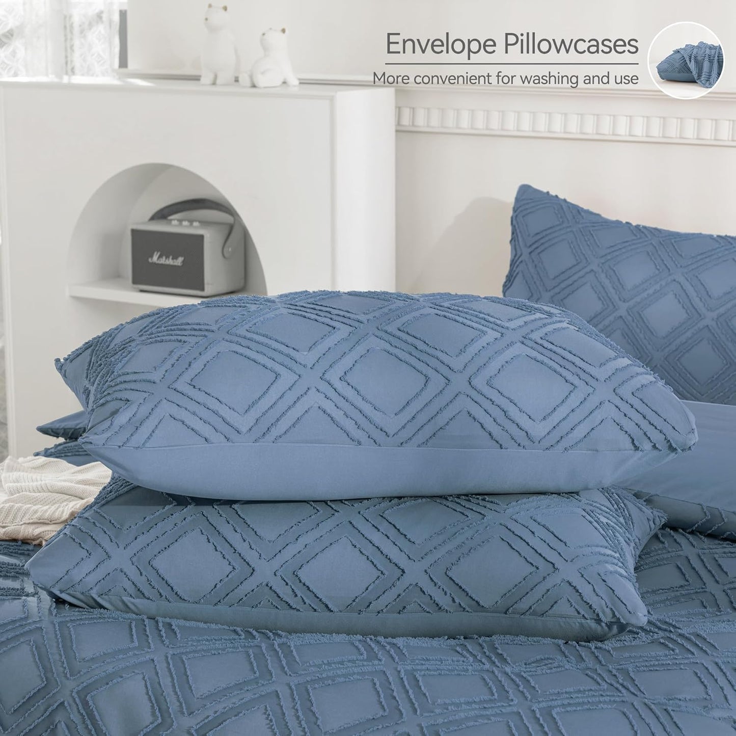 JELLYMONI Duvet Cover King Size Blue - 3PCS Boho Duvet Cover Set Plaid Polyester Tufted Bohemian Jacquard Knit Textured Comforter Cover 104×90in Rhombic Geometric Pattern Zipper Corner Tie