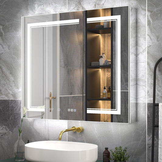 36"x32"Lighted Medicine Cabinet with Mirror，Recessed or Surface Mount LED Medicine Cabinet, Front&Backlit, Clock Temp Display, Anti-Fog, Stepless Dimming, 3-Color Temperatures, Adjustable Shelves