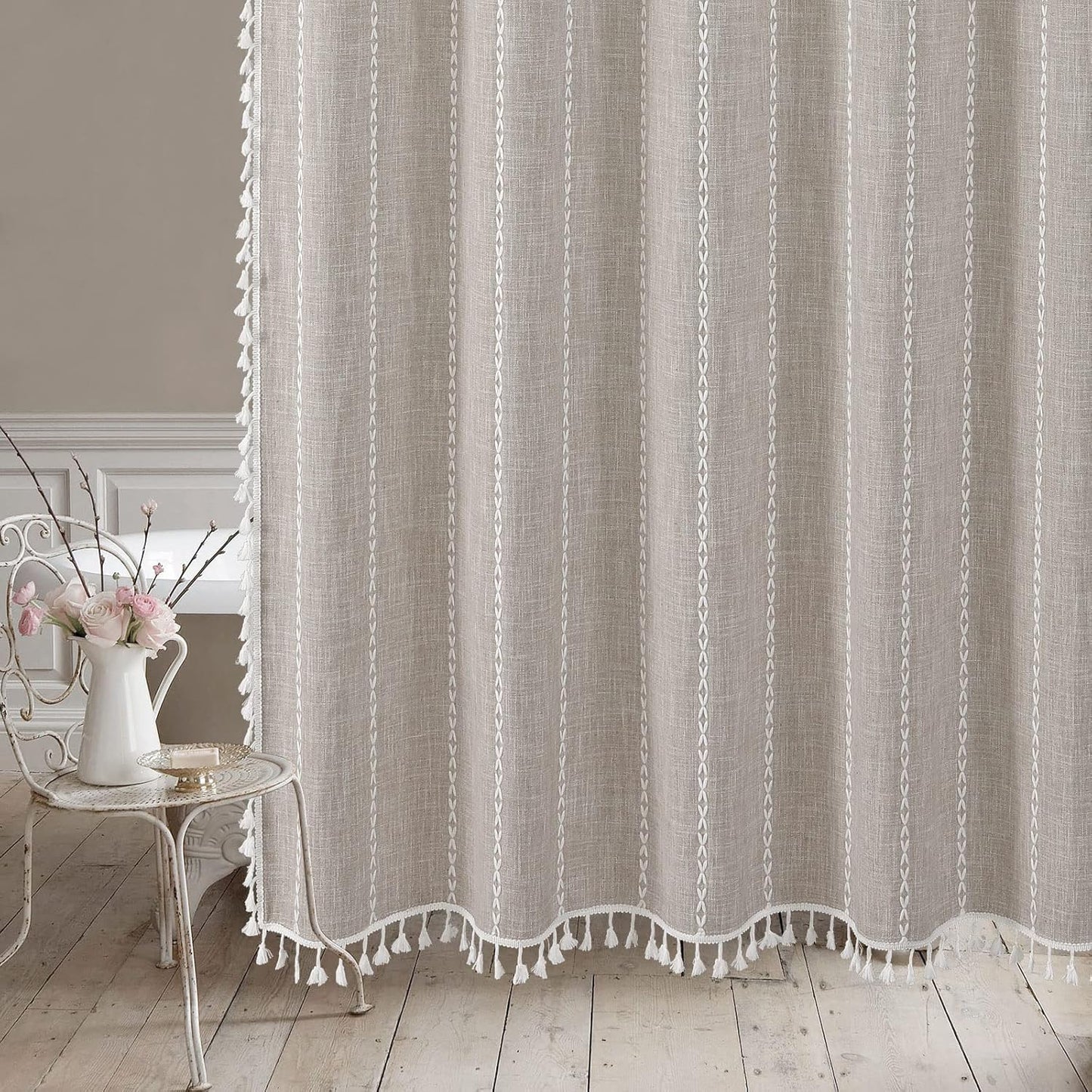 MitoVilla Boho Extra Long Shower Curtain 72 x 96, Taupe Modern Farmhouse 96 inch XL Polyester Linen Texture Tassel Fabric Shower Curtain Set with Hooks for Cottagecore Country Bathroom Decor,Taupe