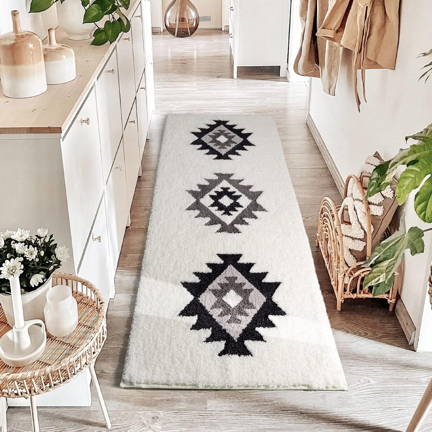 DEXDE Bathroom Runner Rugs 20x72 Boho, Long Bath Mat for Bathroom Bedroom Hallway Kitchen Luxury Soft Absorbent Large Modern Geometric Carpet Bath Rugs Western Farmhouse Decor, Black White