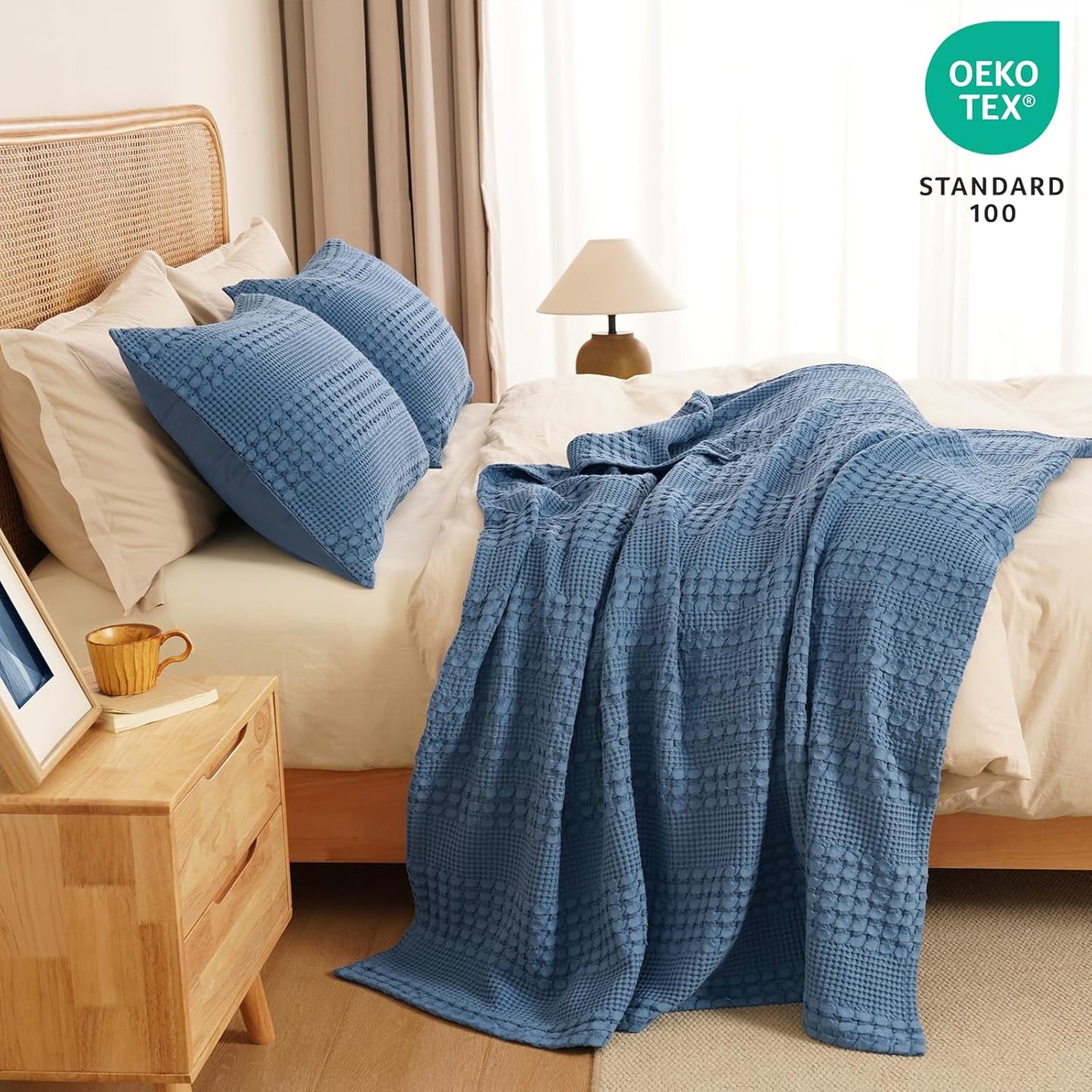 PHF 100% Cotton Waffle Weave Throw Blanket, Soft Lightweight Breathable Cozy Throws for Couch Bed Sofa, Luxury Aesthetic Woven Blanket for Home Decor & Office, 50"x60", Denim Blue