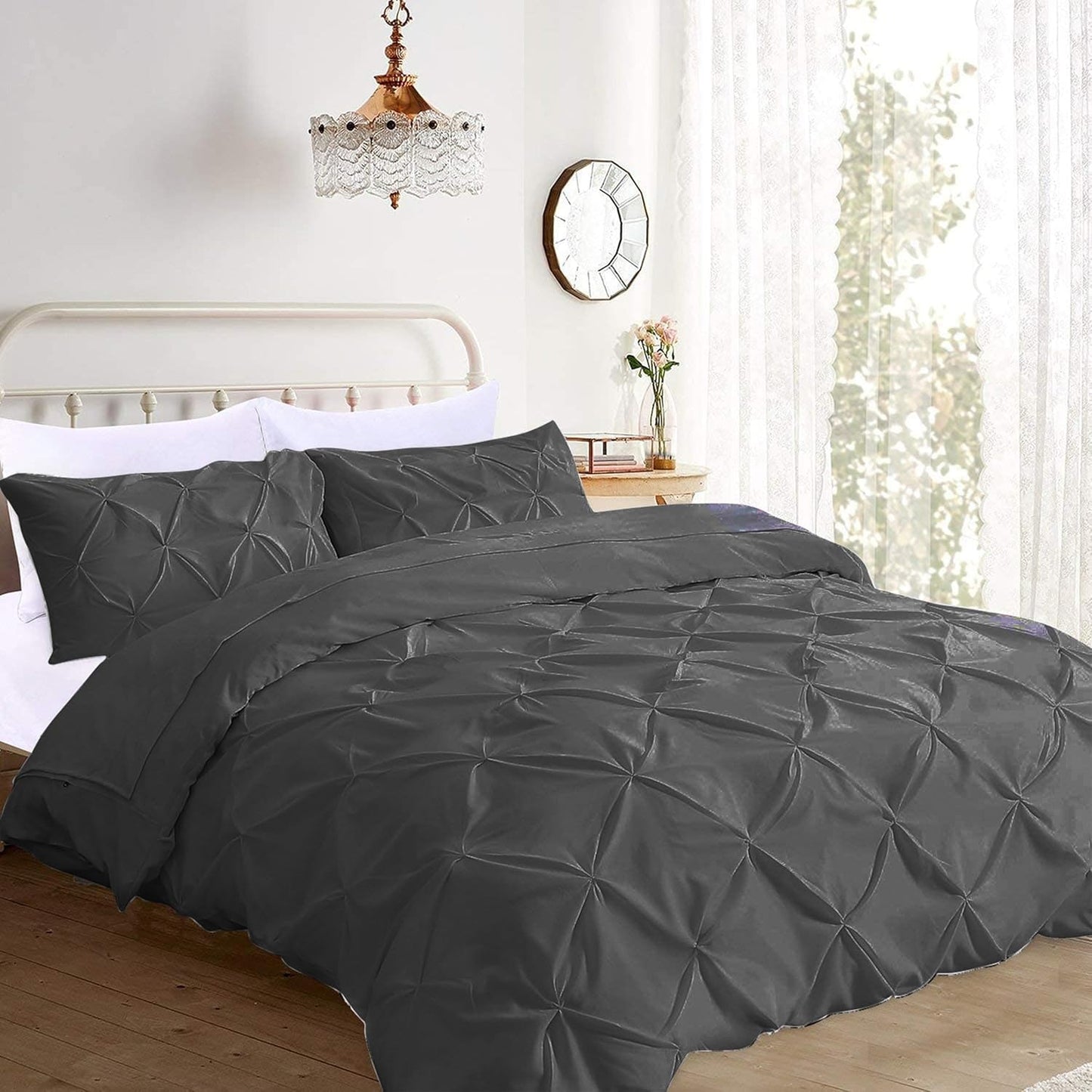 Pinch Pleated Duvet Cover Set 100% Brushed Microfiber 3PC Twin Size 68x90 Duvet Cover Set, Decorative Pinch Design Dark Grey Duvet Cover with Matching Pillow Case