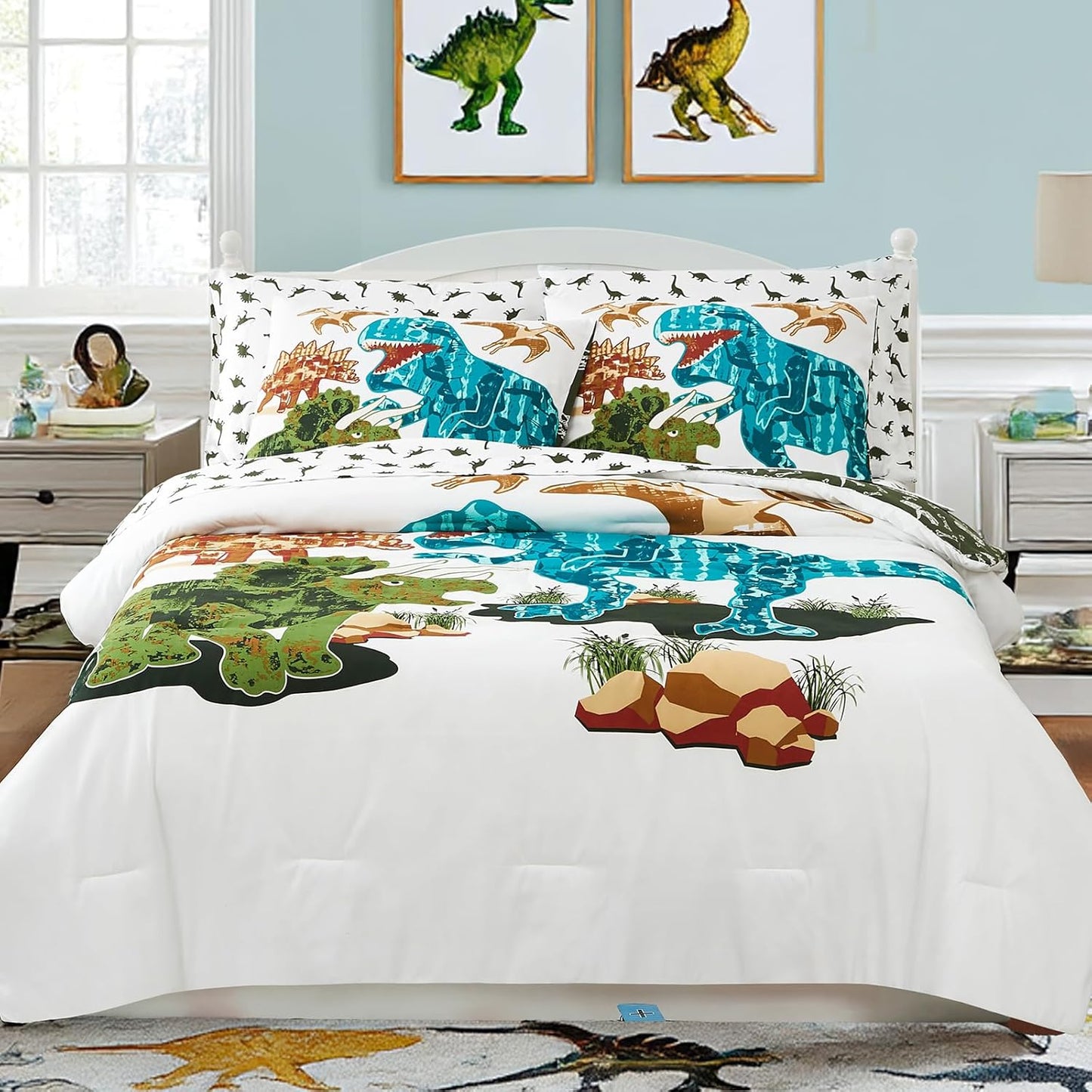 Full Size Comforter Set for Boys-7 Pieces Dinosaur Glow in The Dark Full Bedding Sets for Kids, Ultra Soft Bed in A Bag with Sheets