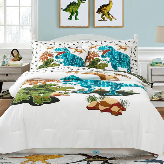 Full Size Comforter Set for Boys-7 Pieces Dinosaur Glow in The Dark Full Bedding Sets for Kids, Ultra Soft Bed in A Bag with Sheets