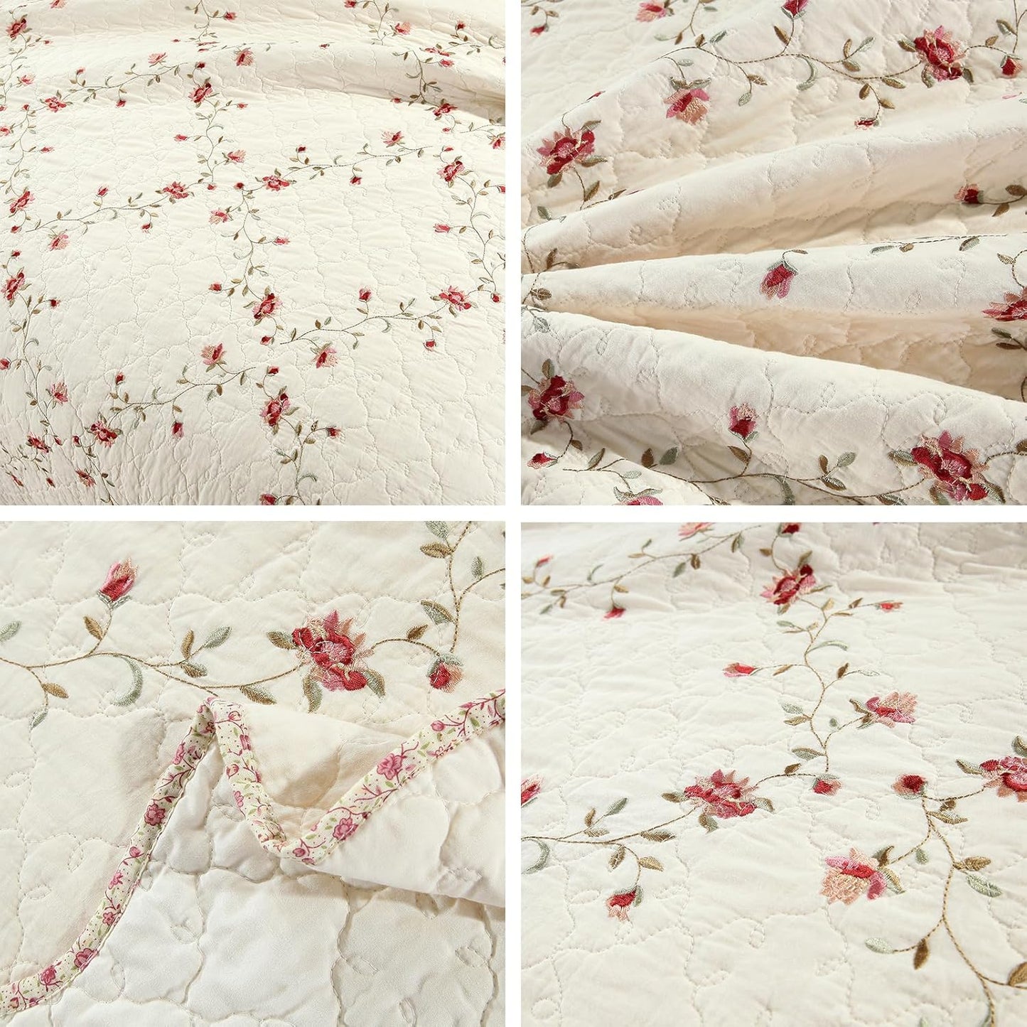vctops 3-Piece Floral Embroidered Bedspread Coverlet Set Twin Size 100% Cotton Reversible Patchwork 1 Quilt and 2 Pillow Shams (Flower,Twin)