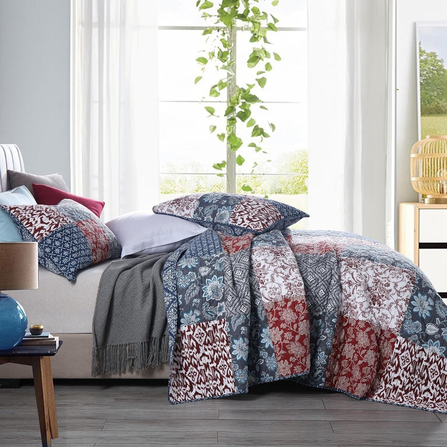 Secgo Twin Comforter Set for Bed - 100% Cotton Quilts Twin Size, Black Bedspreads with 2 Pillow Shams, Patchwork Reversible Lightweight Bedding