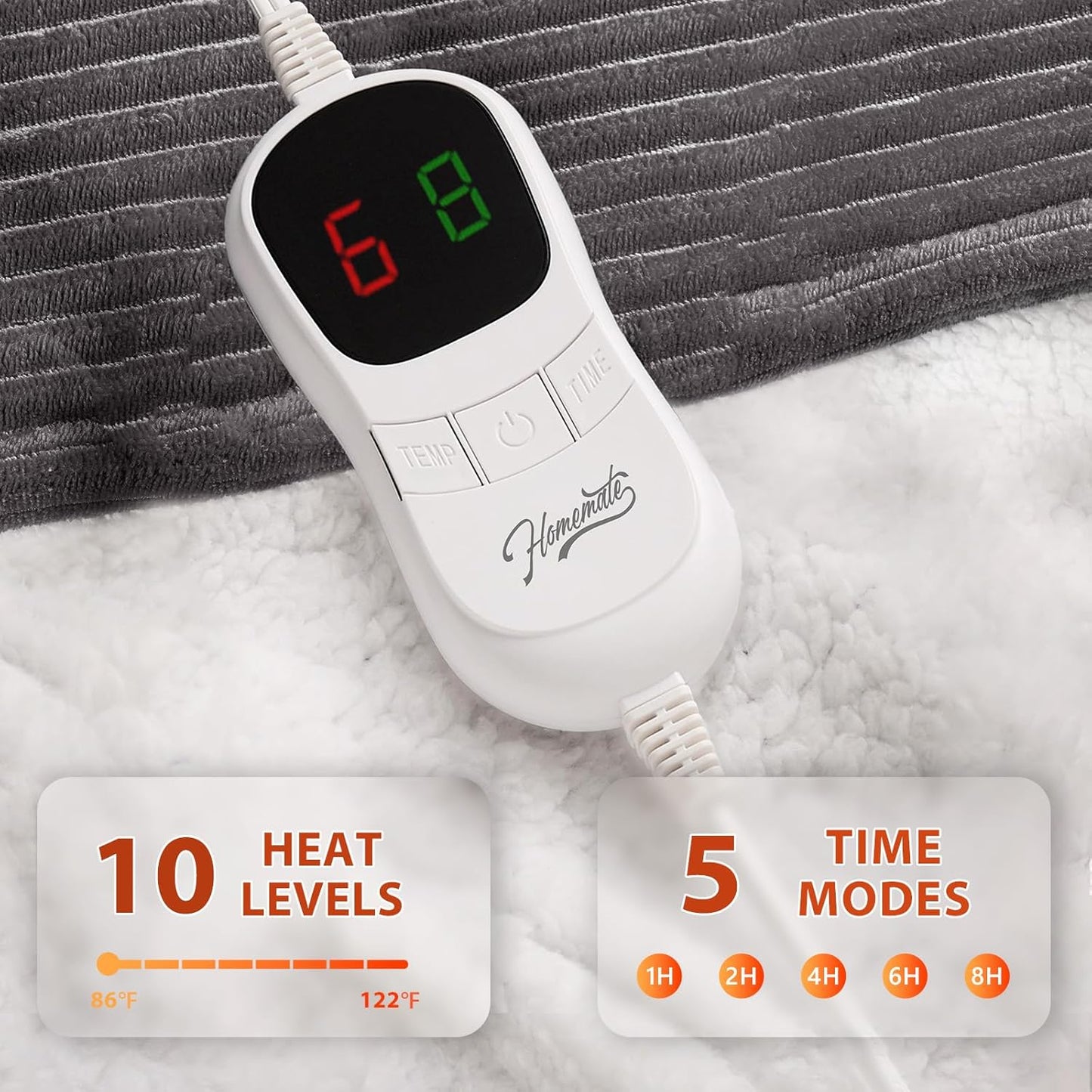 Homemate Heated Blanket Electric Throw - 50"x60" Heating Blanket Throw 1/2/4/6/8 Hours Auto-Off 10 Heat Levels Over-Heat Protection Soft Flannel Sherpa Heater ETL Certification