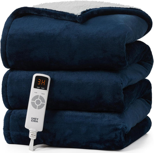 EHEYCIGA Heated Blanket Electric Blanket Twin - Heating Blanket with 5 Heating Levels & 10 Hours Auto Off, Soft Cozy Sherpa Washable Blanket with Fast Heating, 62 x 84 Inches, Navy Blue