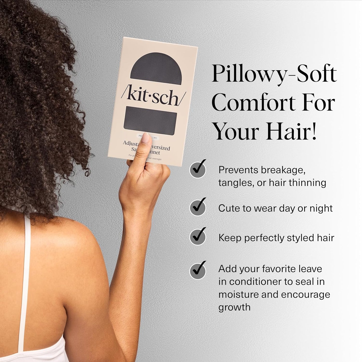 Kitsch XL Satin Bonnet for Sleeping - Softer Than Silk Hair Bonnet for Women - Secure Fit, Adjustable Night Cap for Curly & Textured Hair - Prevents Breakage, Tangles & Thinning - Charcoal