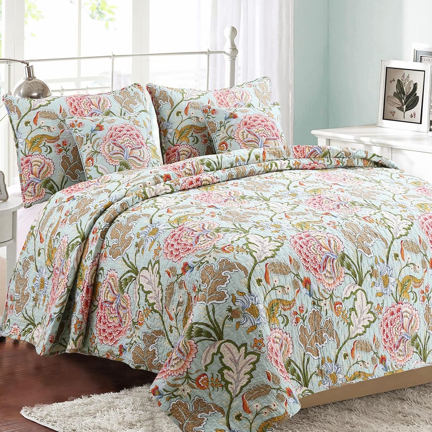 Cozy Line Home Fashions Blooming Red White Floral 100% Cotton Reversible Quilt Bedding Set, Coverlet Bedspread (Camellia Green, Queen - 3 Piece)