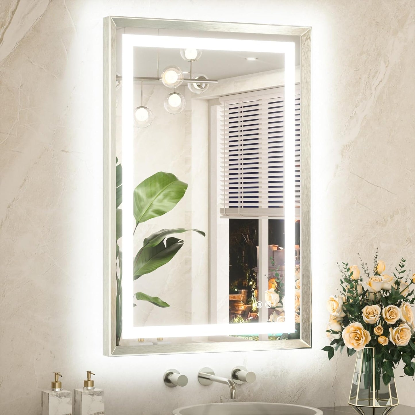 TETOTE 24 x 36 Bathroom LED Mirror Brushed Bright Nickel Metal Frame Frontlit & Backlit Vanity Mirror Anti-Fog Stepless Dimmable 3 Colors White/Warm/Natural Mirror with Lights Wall-Mounted