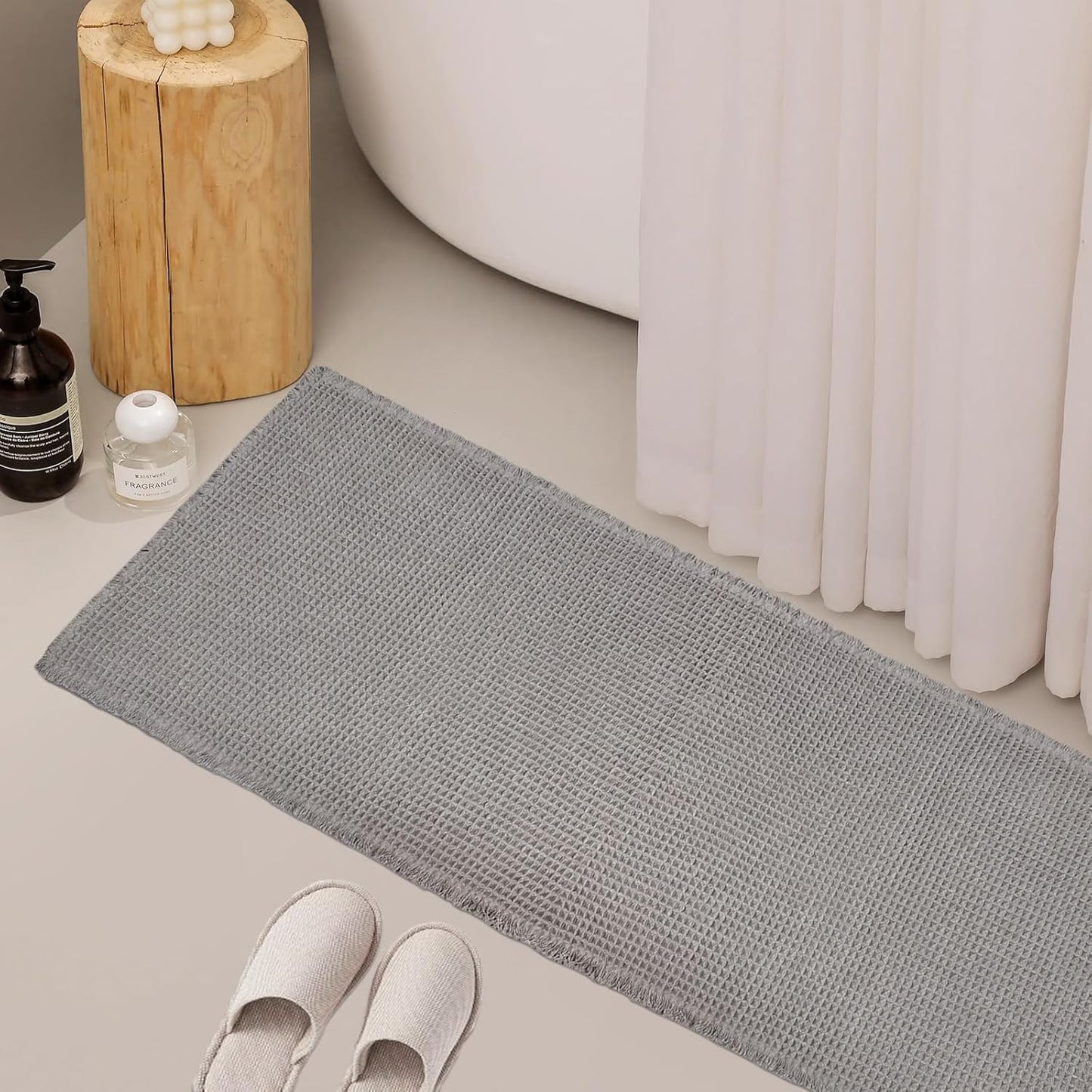ZALL Grey Waffle Bath Mat,Super Absorbent Non Slip Long Bathroom Runner Rug,Gray 24X72inch,Machine Washable Ultra Soft Floor Mats