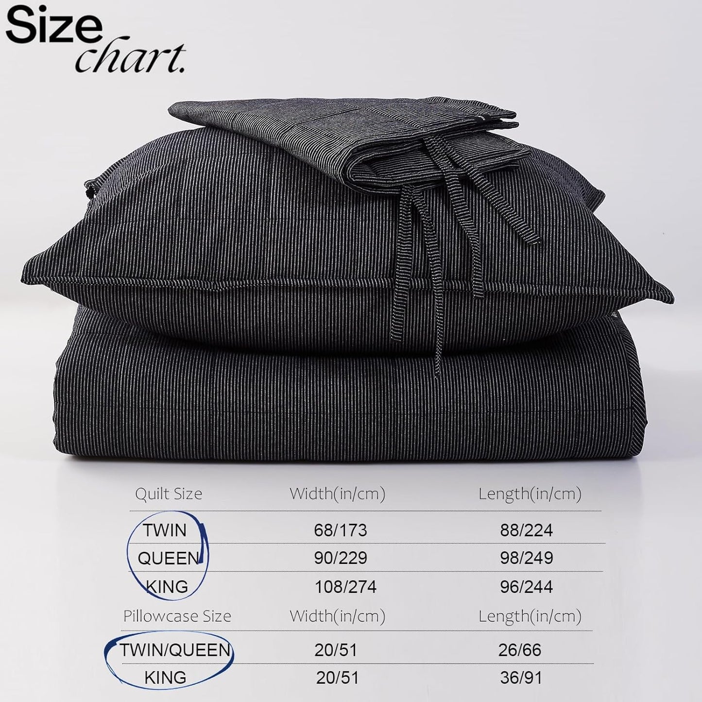 Midnight Pinstripe Quilts Queen Size, Cotton Queen Quilt Set Stone Washed with Black Stripe Bedding Coverlet Light Weight 3-Pieces with 2 Pillow Shams
