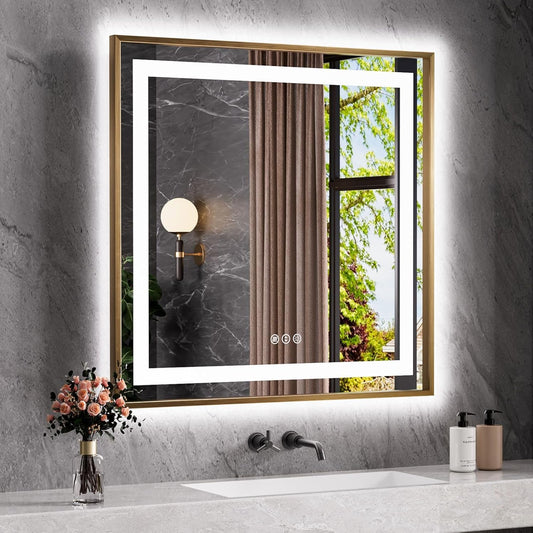 Amorho 36"X36" Gold LED Bathroom Mirror, Metal Framed Mirror with Front Light and Backlit, Stepless Dimmable, Anti-Fog, Shatter-Proof, Memory, 3 Colors