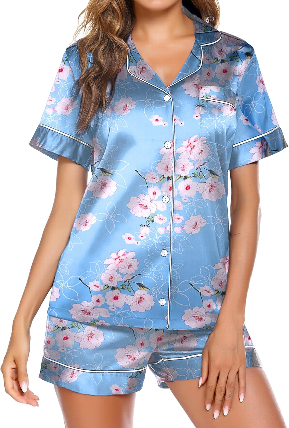 Ekouaer Pajamas for Women Set Silk Satin Pjs Shorts Sleepwear 2 Piece Loungewear S-XXL