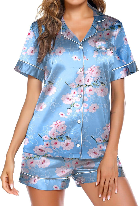 Ekouaer Pajamas for Women Set Silk Satin Pjs Shorts Sleepwear 2 Piece Loungewear S-XXL
