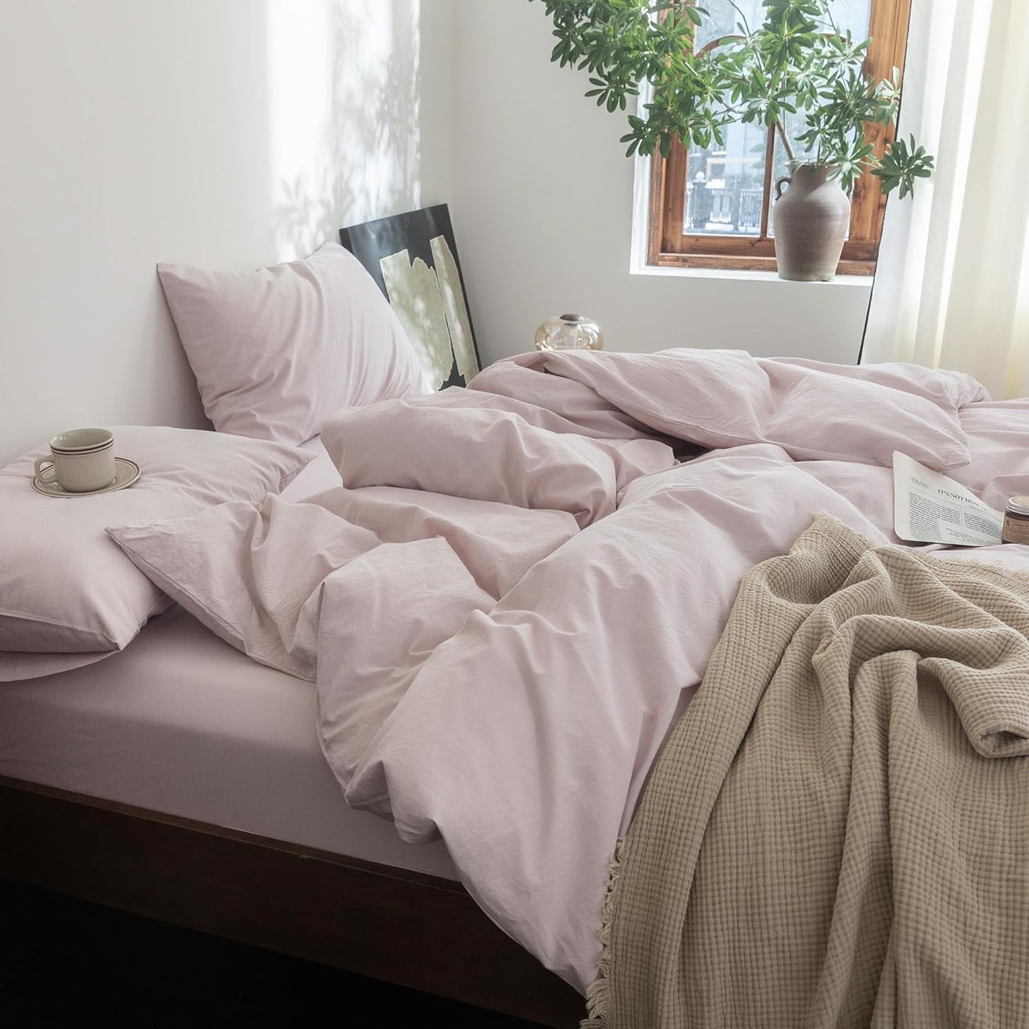 FOSSA Duvet Cover Set 100% Washed Cotton Linen Feel Super Soft Breathable Cozy 3 Pieces Bedding Sets Solid Greyish Pink Super King
