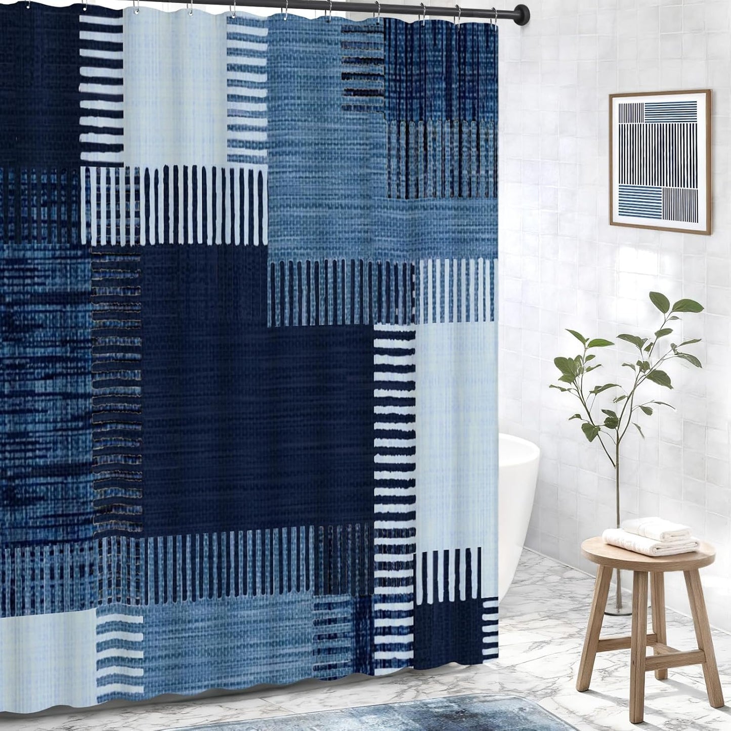 Navy Blue Fabric Shower Curtain,Modern Abstract Geometric Shower Curtain for Bathroom,72" W X 72" L