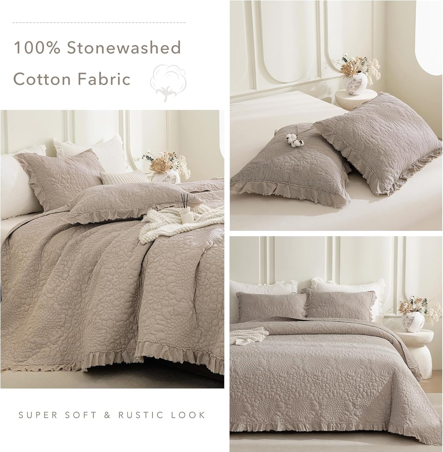 QSH 3PCs Linen Feel Oversized King Quilt Bedspread Set(120"x120"),Stonewashed Cotton Ruffled Quilt California King,Ultra Soft Lightweight Crinkle Shabby Bedspread Coverlet Bedding Set for All Seasons