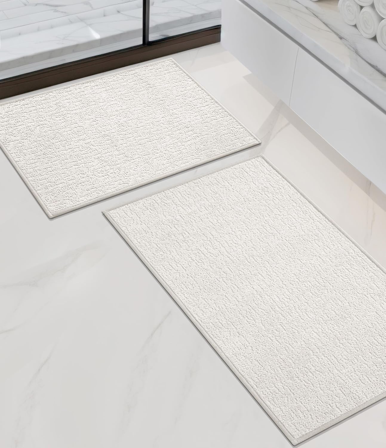 chakme Bathroom Rug Sets 2 Piece, Ultra Thin Bath Mat Quick Dry Bath Mat Set, Absorbent Bath Mat for Bathroom Non Slip Machine Washable, (White, 2 Piece)