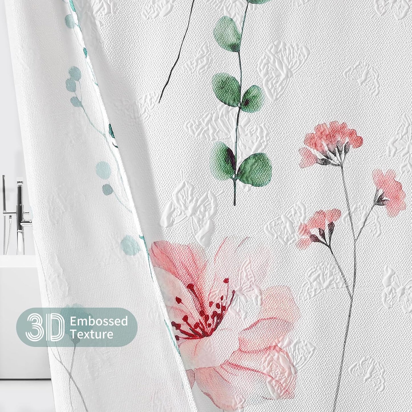 QiyI Watercolor Floral Shower Curtain, 3D Embossed Butterflies Sage Green Botanical Bathroom Curtain, Pink Flowers Cloth Bath Curtain, Waterproof Fabric Textured Shower Curtain Set with Hooks, 72x72