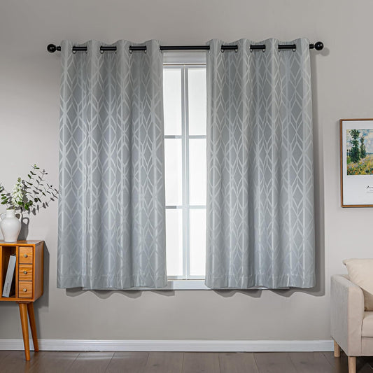 Amazon Basics Jacquard 2-Piece 100% Blackout Curtains, Living Room and Bedroom Drapes, Thermal Insulated Window Treatment, 52"x63", Light Grey
