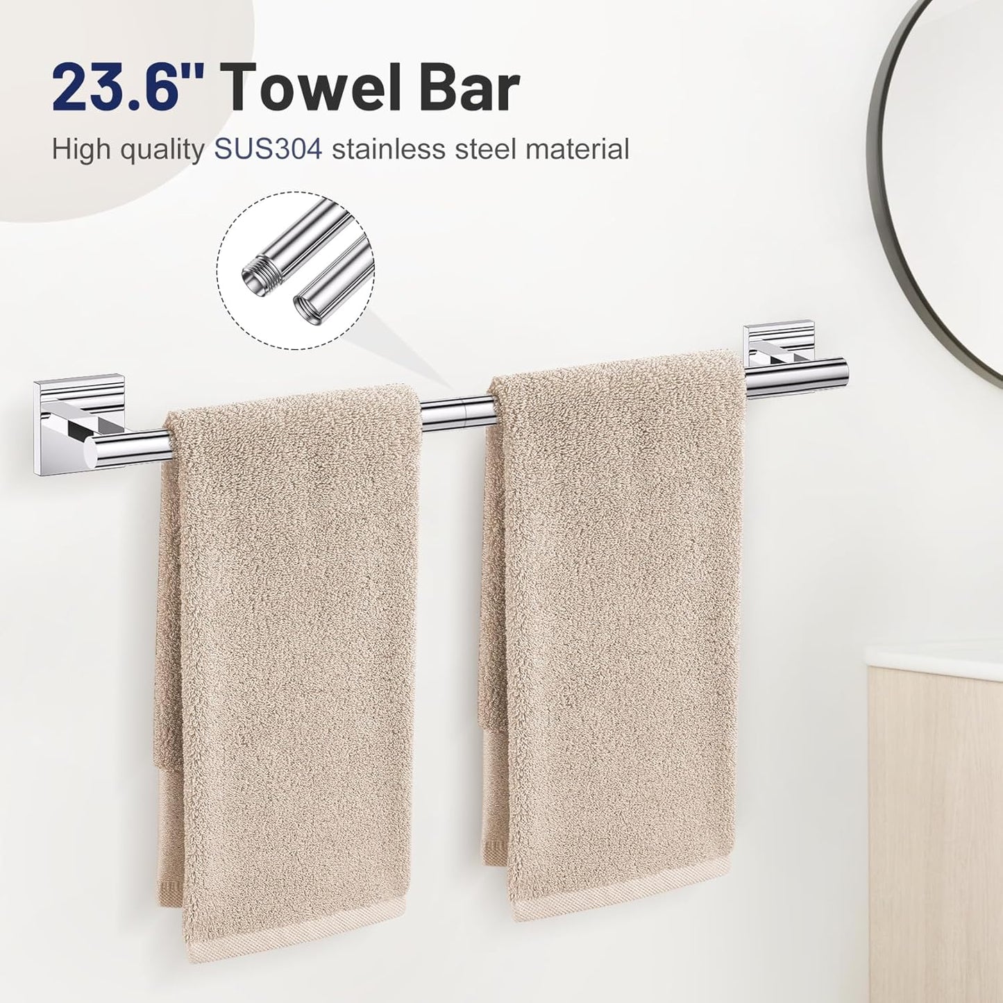 5 Pieces Bathroom Hardware Set Polished Chrome Towel Bar Set Includes 23.6” Towel Bar, Towel Ring Holder, Toilet Paper Holder and Two Towel Hooks, Bathroom Accessories Set SUS304 Wall Mounted