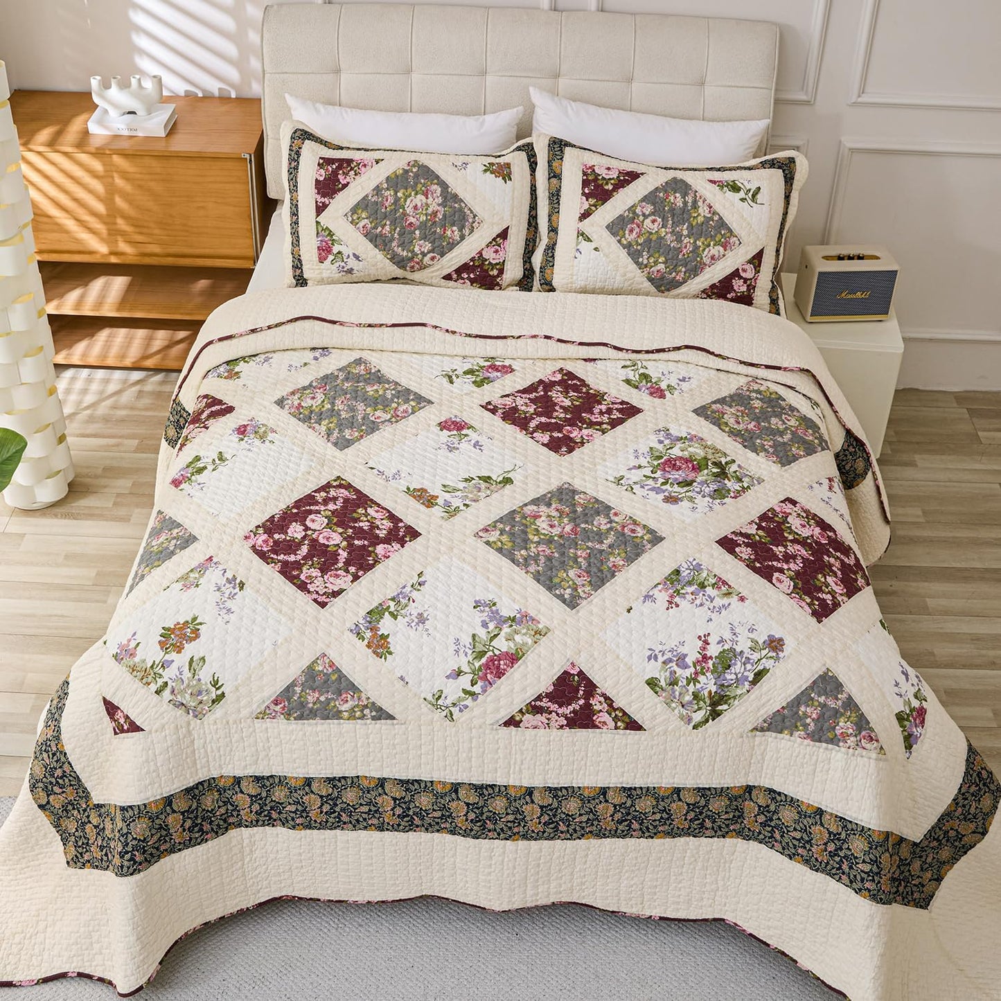 Cmfshape Floral Quilt Sets Bedspread Set 100% Cotton Patchwork Bedding Set,All Season Use Lightweight Reversible Coverlet Quilts with 2 Pillow Shams(Queen 92"x96")