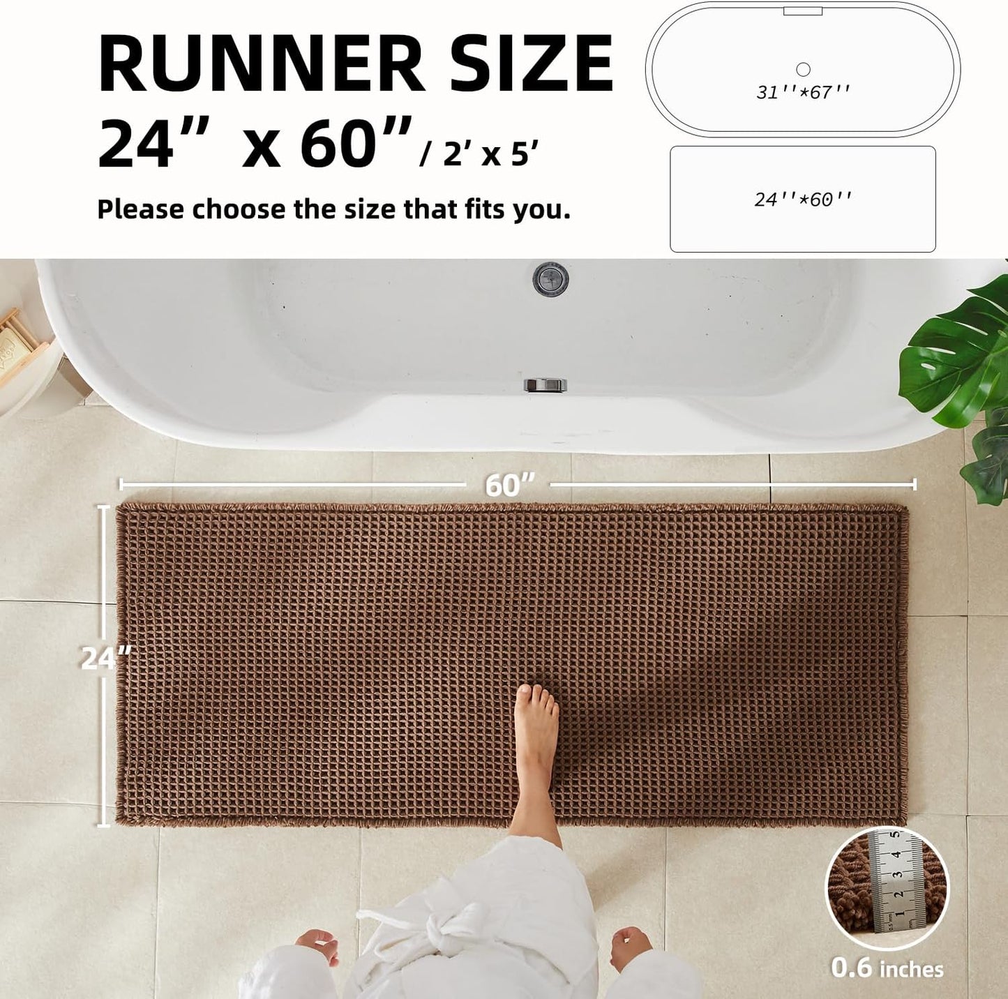 Waffle Runner Rug Bathroom, Long Boho Bathroom Rugs Non Slip Washable Super Absorbent Quick Dry Farmhouse Bath Decor, 60"x24" Mocha