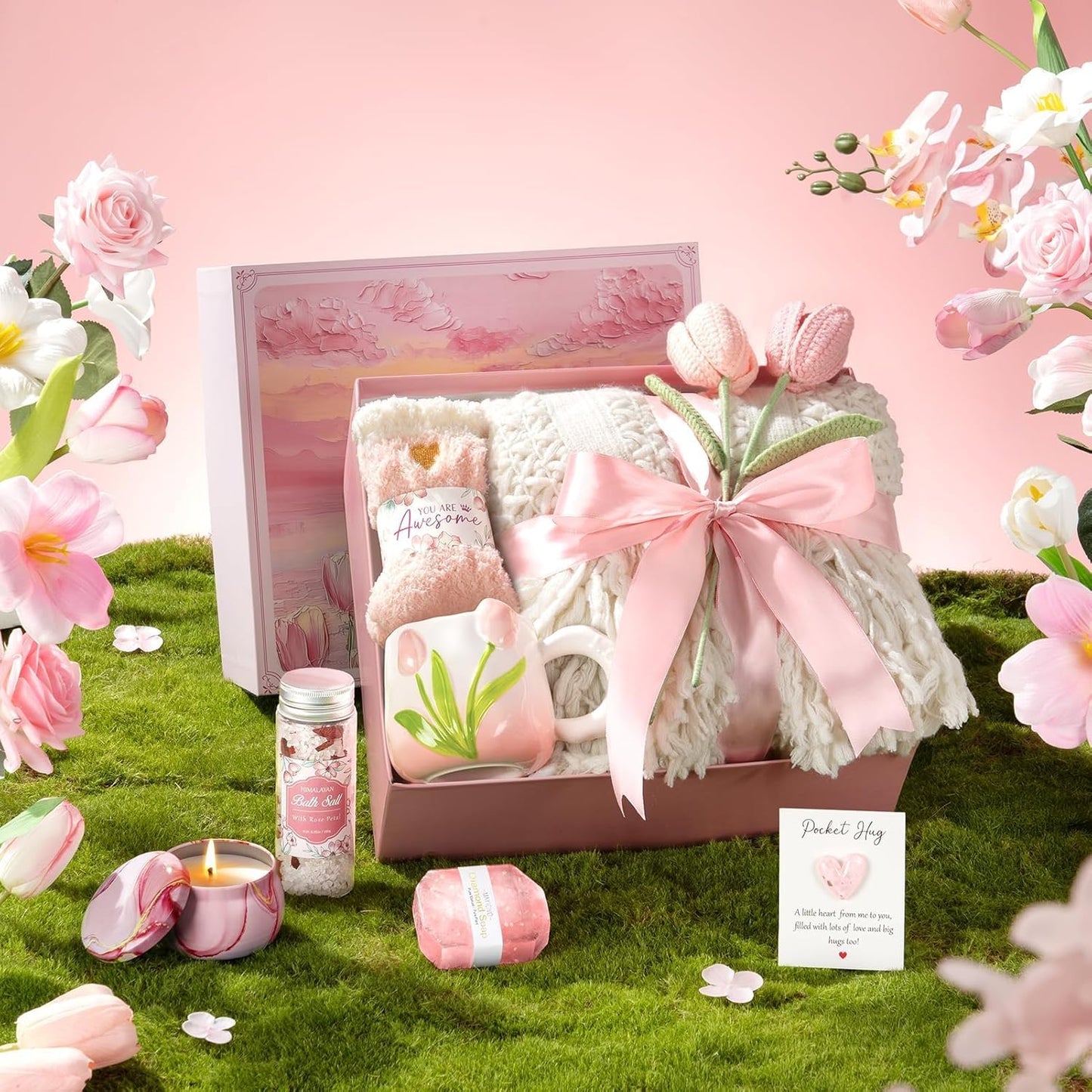 Birthday Gifts for Women Self Care Set Get Well Soon Gift Baskets, Relaxing Bluebell Spa Gift Basket Care Package for Women, Unique Christmas Mom Gifts for Her Girlfriend Sister Friend Wife Grandma