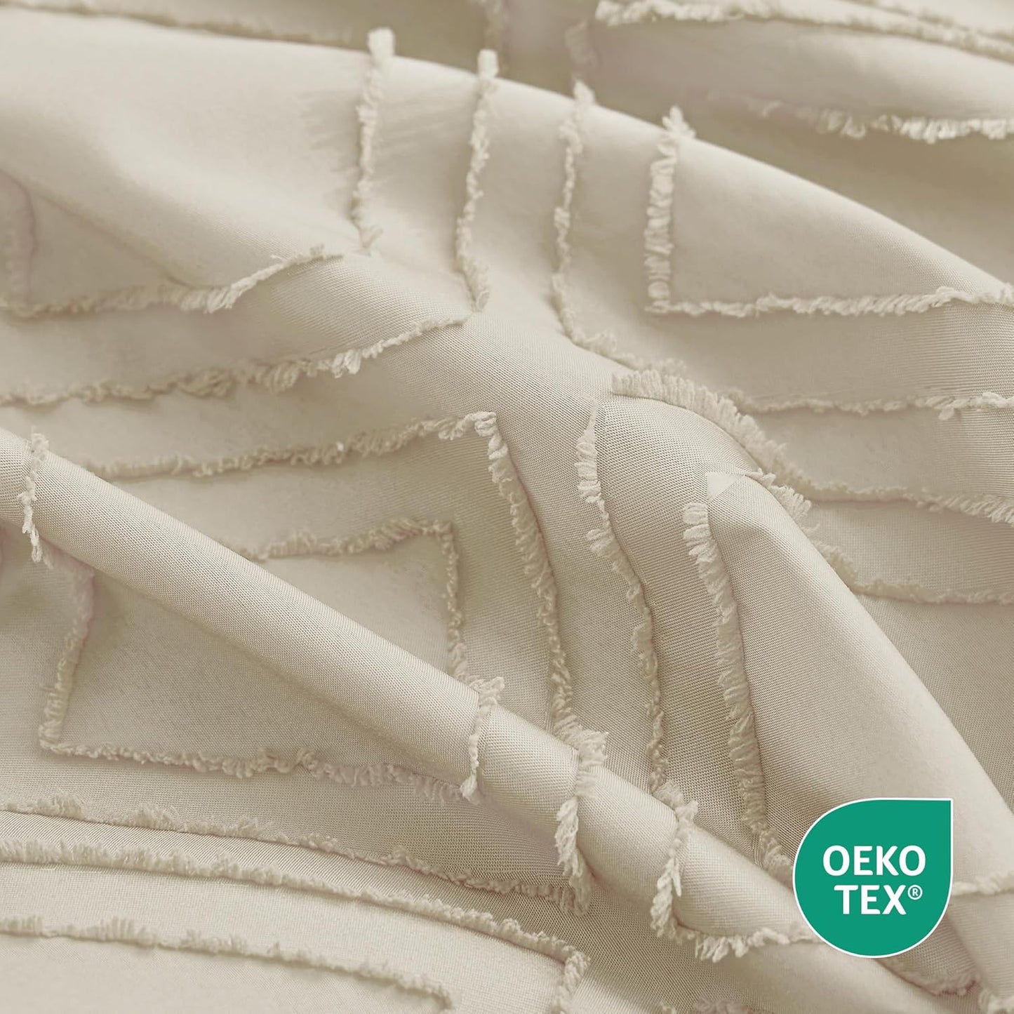 JELLYMONI Duvet Cover Queen Size Light Khaki - 3PCS Boho Duvet Cover Set Plaid Polyester Tufted Bohemian Jacquard Knit Textured Comforter Cover 90×90in Rhombic Geometric Pattern Zipper Corner Tie