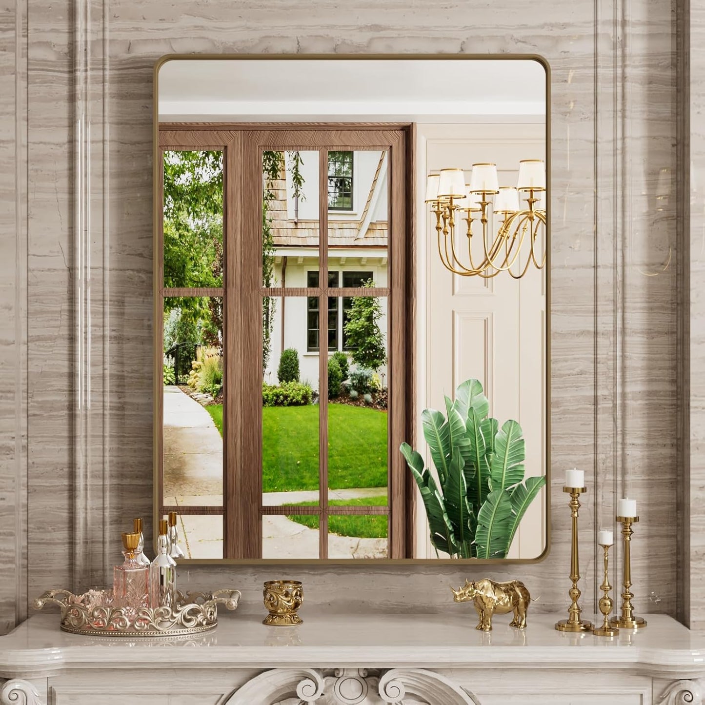 Bronze Bathroom Mirror 28x36 Inch, Brushed Bronze Metal Frame Mirror for Wall, Rounded Rectangle Bathroom Vanity Mirror with Tempered Glass, Anti-Rust, Horizontal/Vertical