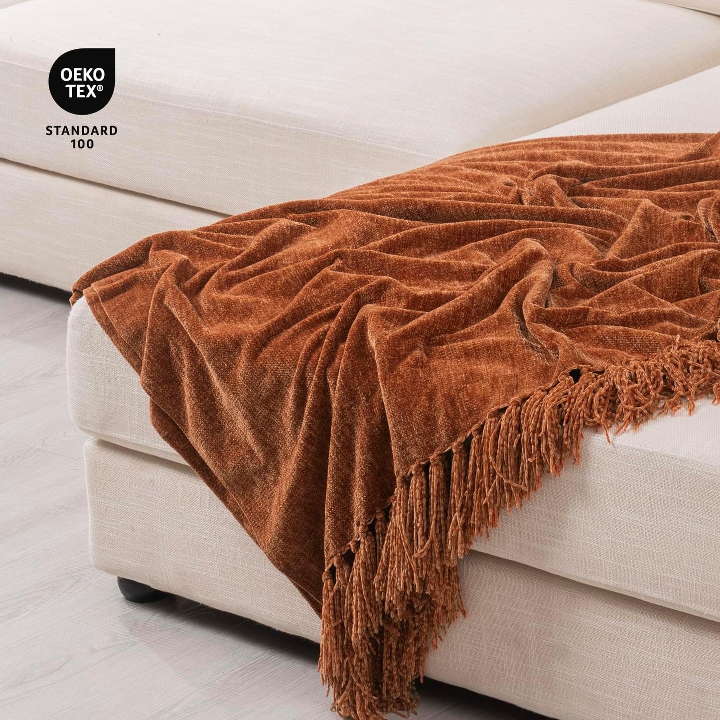 RECYCO Throw Blanket Soft Cozy Chenille Throw Blanket with Fringe Tassel for Couch Sofa Chair Bed Living Room Gift (Rust, 50" x 60")