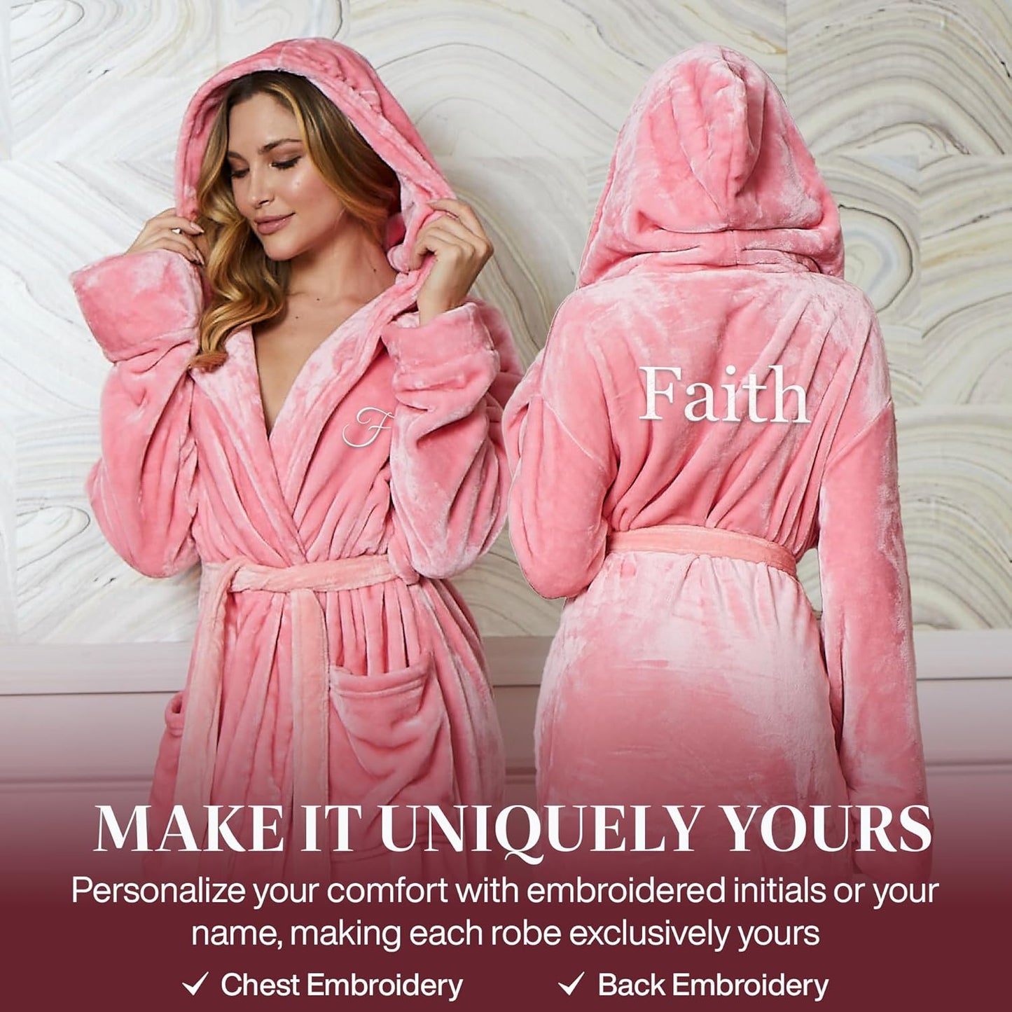 Lotus Linen Plush Robes for Women - Soft Bathrobe, Custom Monogram, Warm Fleece Robe with Pockets
