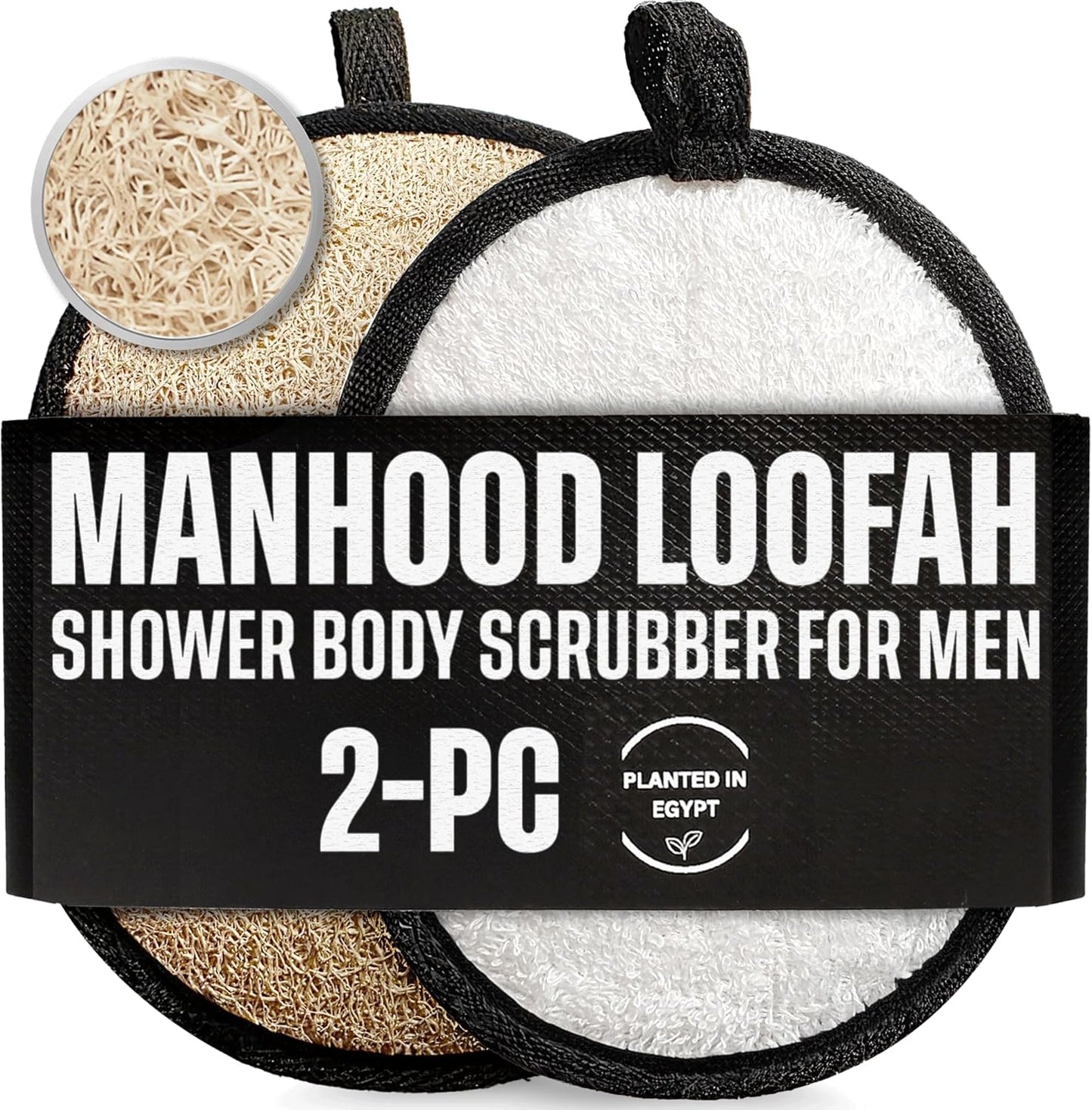 CraftsOfEgypt Natural Loofah Body Scrubber for Men, 2PCS Black & White Set – Egyptian Luffa Sponge Exfoliator for Shower, Bath & Body Care, Durable Men's Hygiene Pad, Gentle Skin Exfoliating Tool