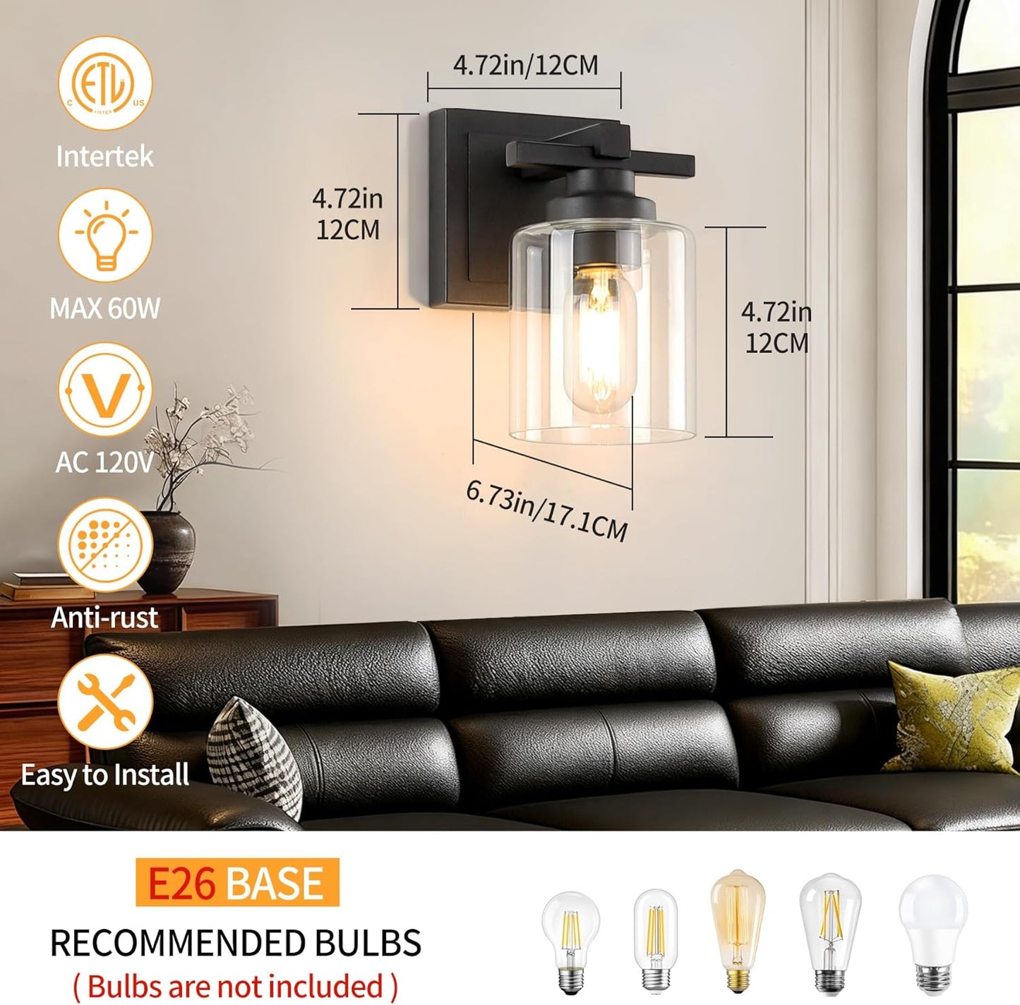 1 Light Modern Bathroom Light Fixtures Over Mirror, Black Vanity Lights for Bathroom Wall Sconces with Clear Glass Shades, E26 Socket (Bulbs Not Included)