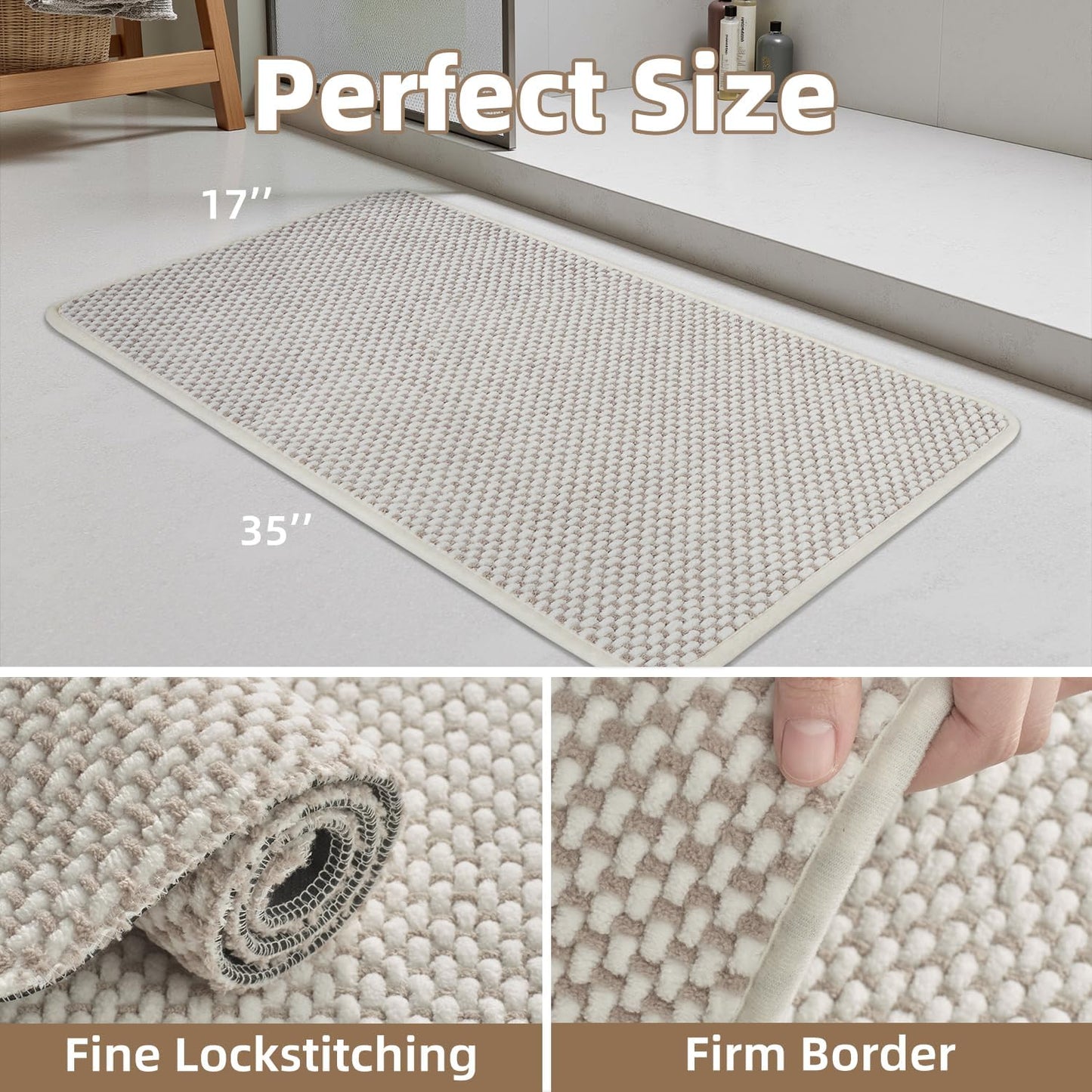 PADOOR-Bath Mat-Super Absorbent Chenille Bathroom Mats-Rubber Backed Bath Mats for Bathroom Non Slip, Easy Clean Bathroom Rugs Front of Bathtub,Shower Room,Sink-17×35, Beige&Cream