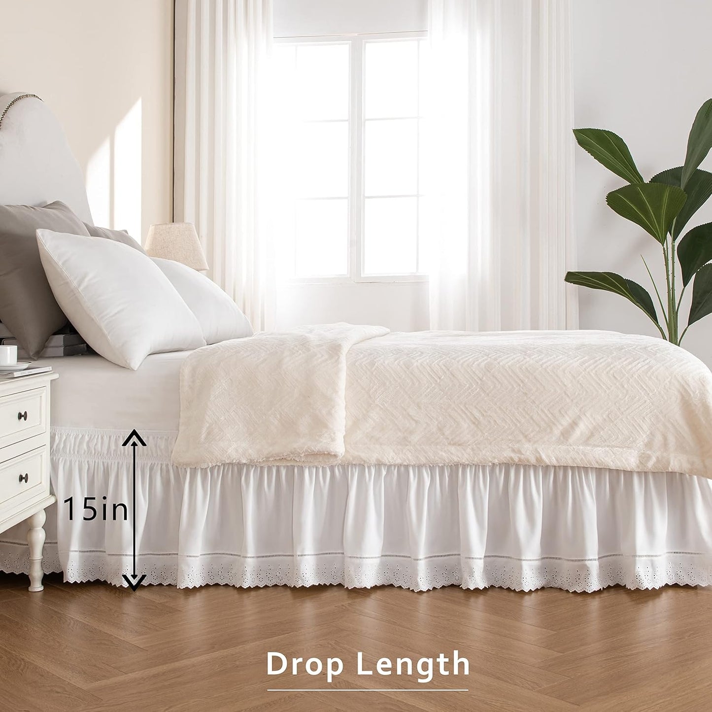 MIYE Wrap Around Ruffled Lace Bed Skirt, Elastic Dust Ruffle with Adjustable Belts,15 Inch Drop Easy to Put On, Bed Frame Cover, Machine Washable (Embroidered, Full/Twin-15)