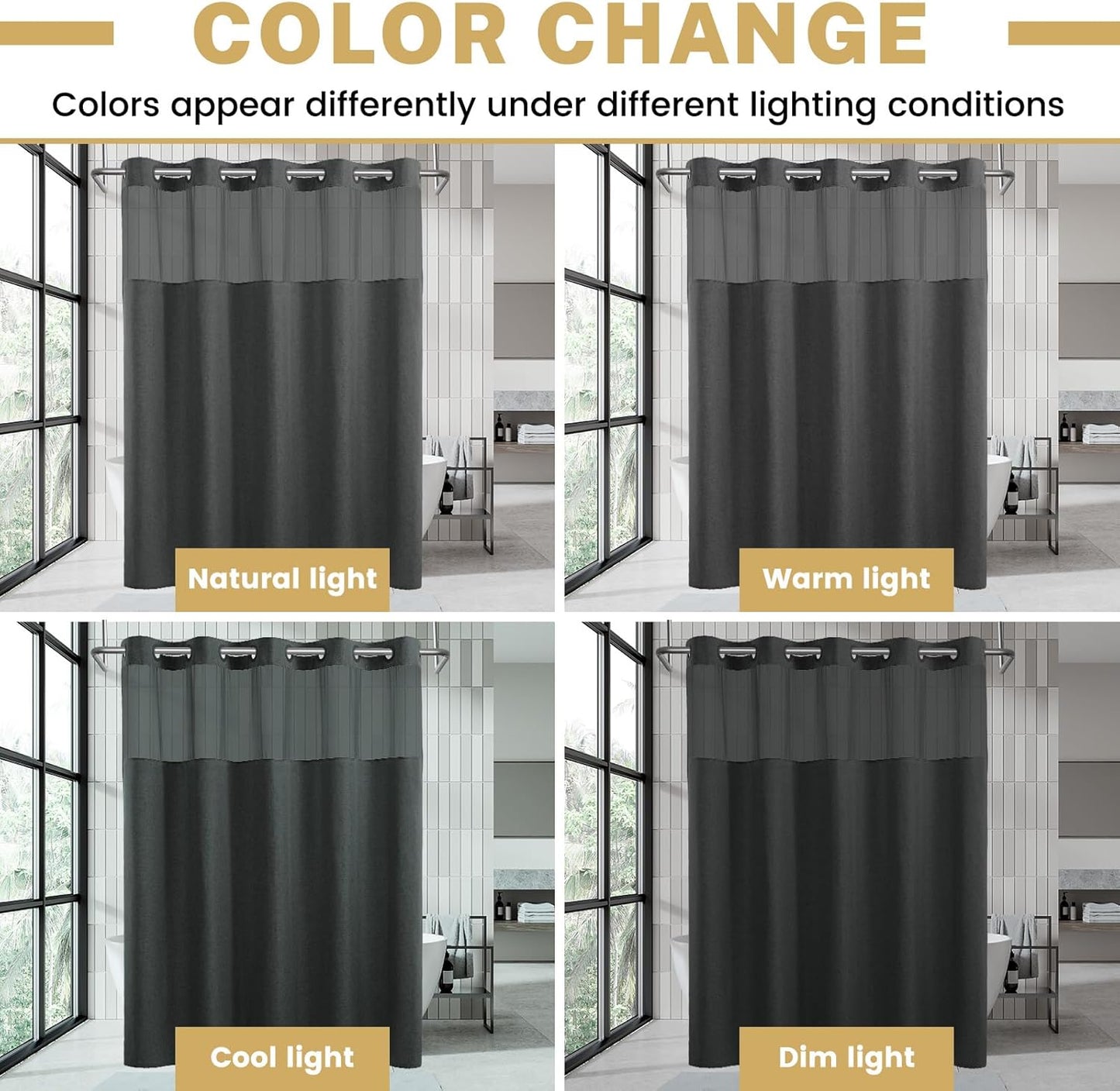 No Hook Shower Curtain with Snap in Liner, Polyester Textured Shower Curtain with Liner Set, Waterproof Washable Hotel Style Shower Curtains for Bathroom, 71Wx74H, Charcoal Grey
