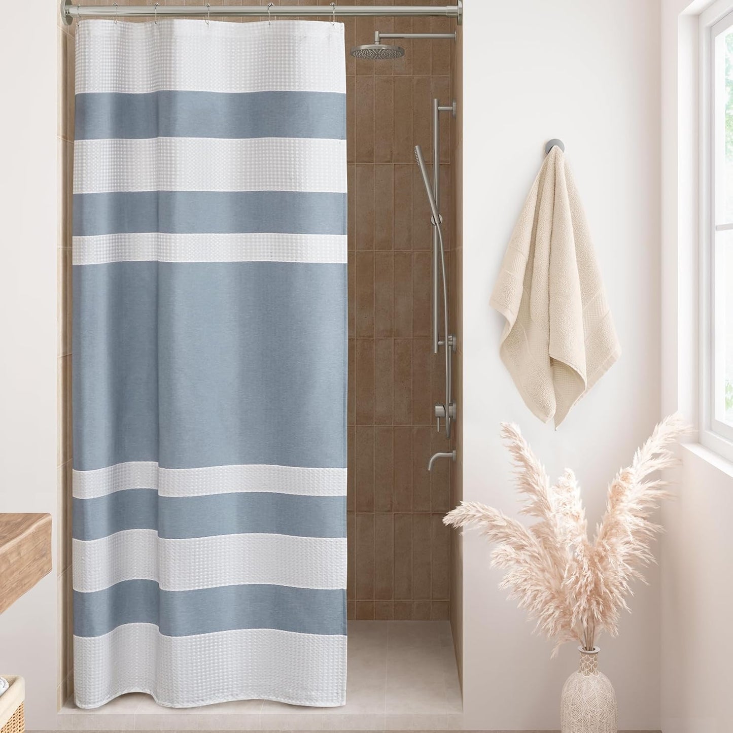 Madison Park Shower Curtain Spa Waffle Weave Stall Shower Curtain for Bathroom 3M Scotchgard Moisture Management, Spa Quality Modern Shower Curtains for Bathroom, Stall 36x72'' Blue