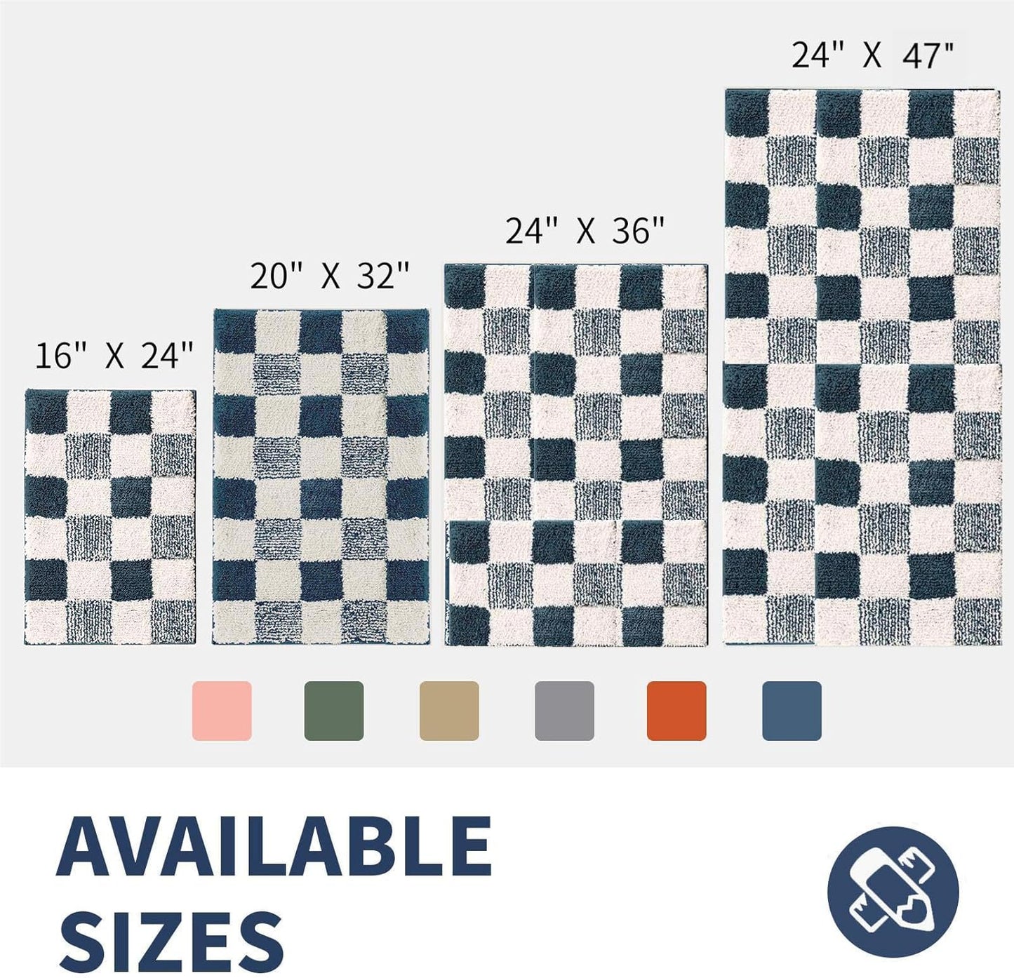 CozeCube Bath mats for Bathroom Non Slip, Fluffy Absorbent Microfiber Bath mat Washable, Aesthetic Bathroom Rugs, Large Navy Blue Checkered Bath mat, Navy Blue, 36" x 24"