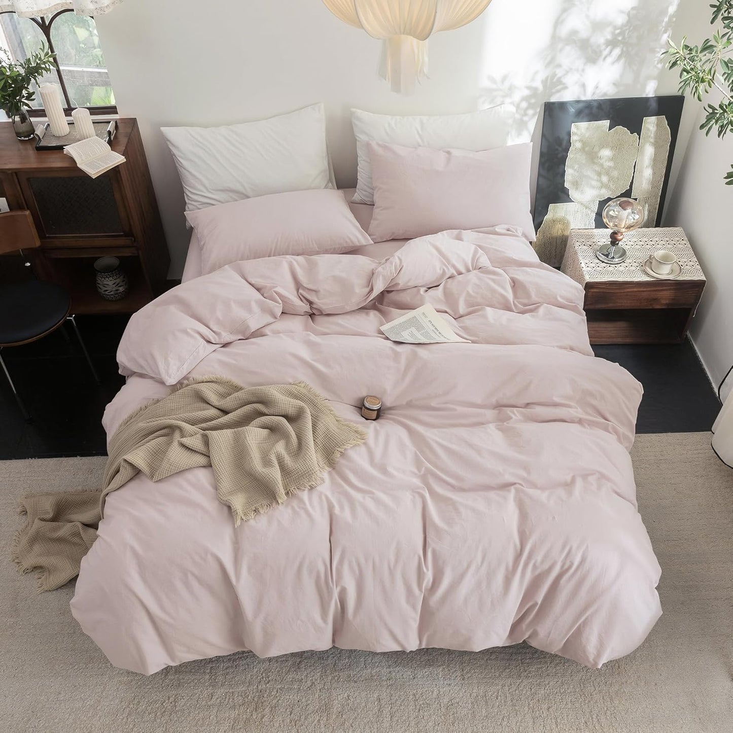 FOSSA Duvet Cover Set 100% Washed Cotton Linen Feel Super Soft Breathable Cozy 3 Pieces Bedding Sets Solid Greyish Pink Queen