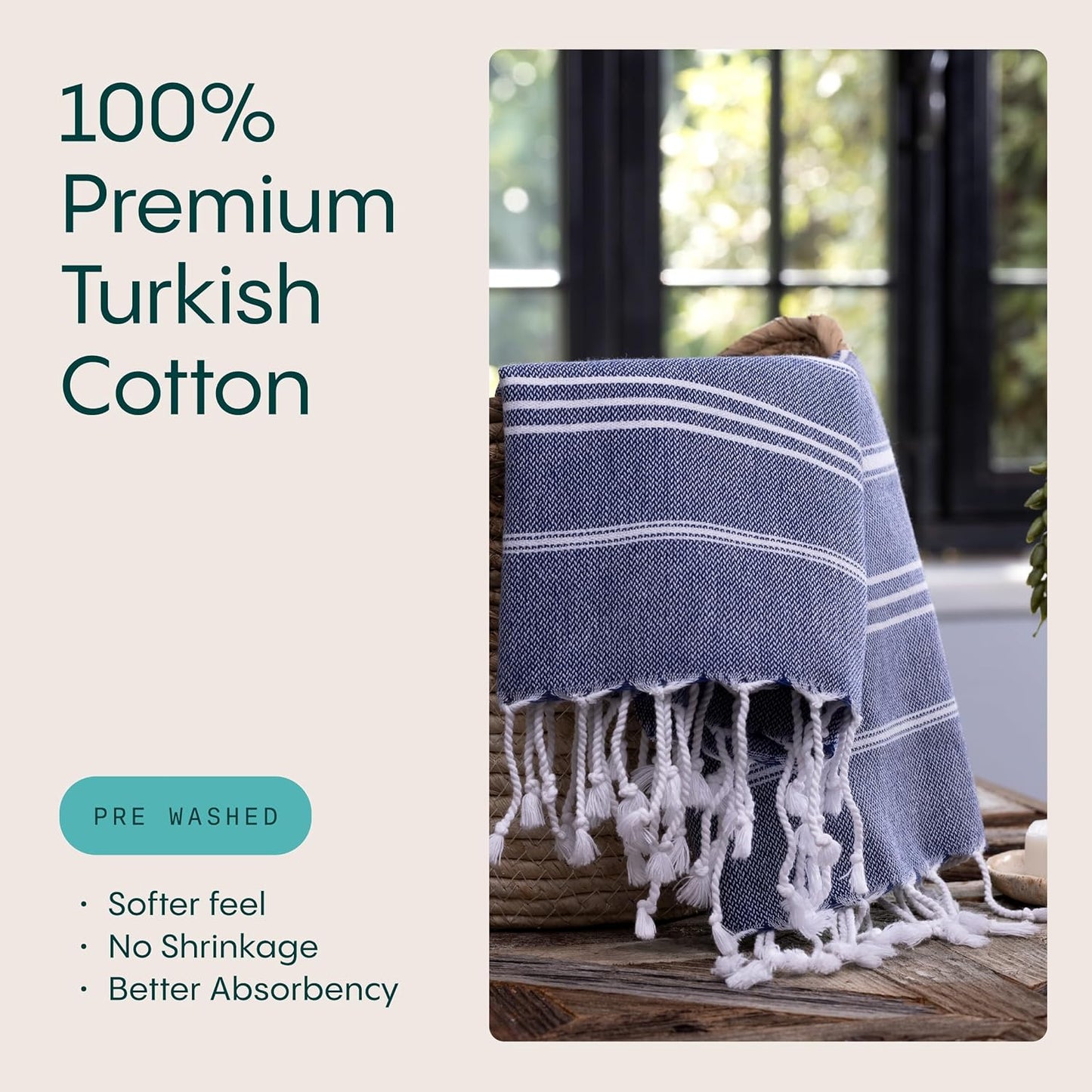 WETCAT Turkish Hand Towels with Hanging Loop, Set of 2 (20" x 30") 100% Turkish Cotton, Pre-Washed, Quick Drying, for Kitchen or Bathroom - Navy Blue