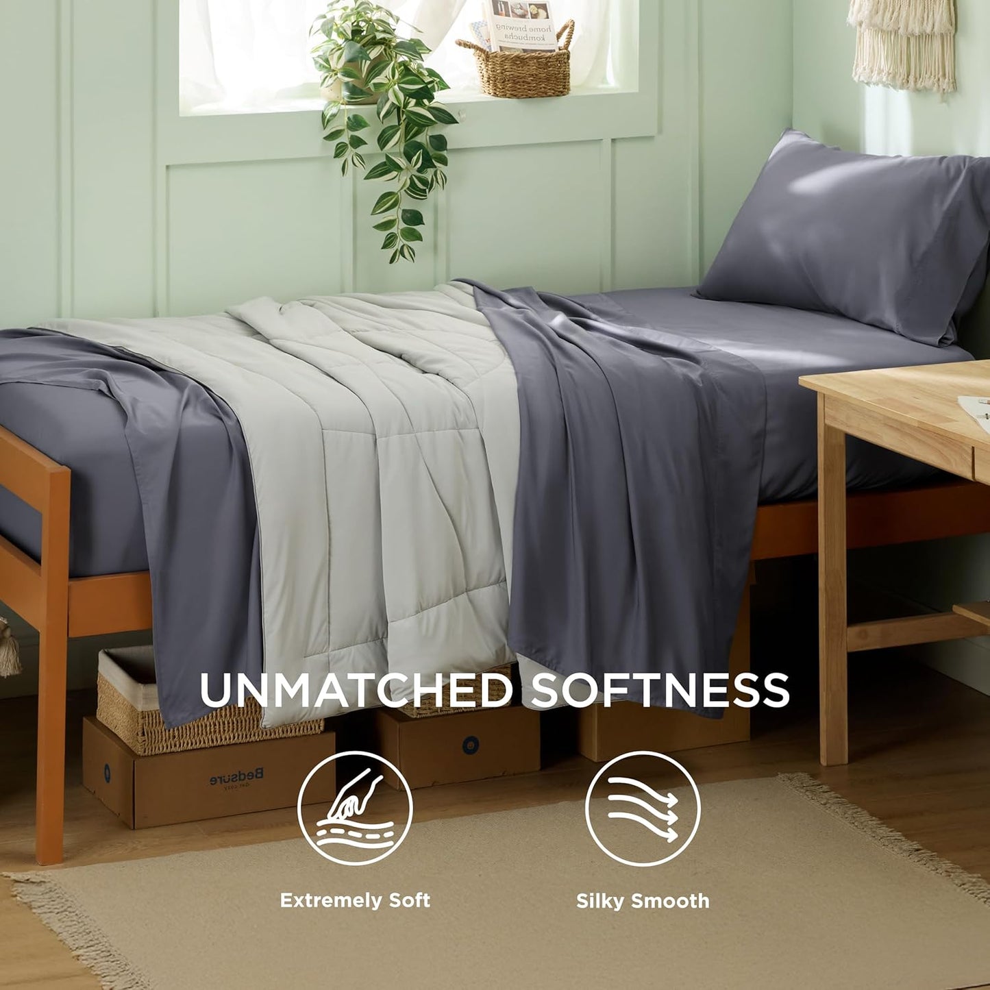 Bedsure Twin XL Sheet Set Dorm Bedding, Cooling Sheets Twin Extra Long Sheets, Rayon Derived from Bamboo, Deep Pocket Up to 16", Hotel Luxury Silky Bedding Sheets & Pillowcases, Dark Grey