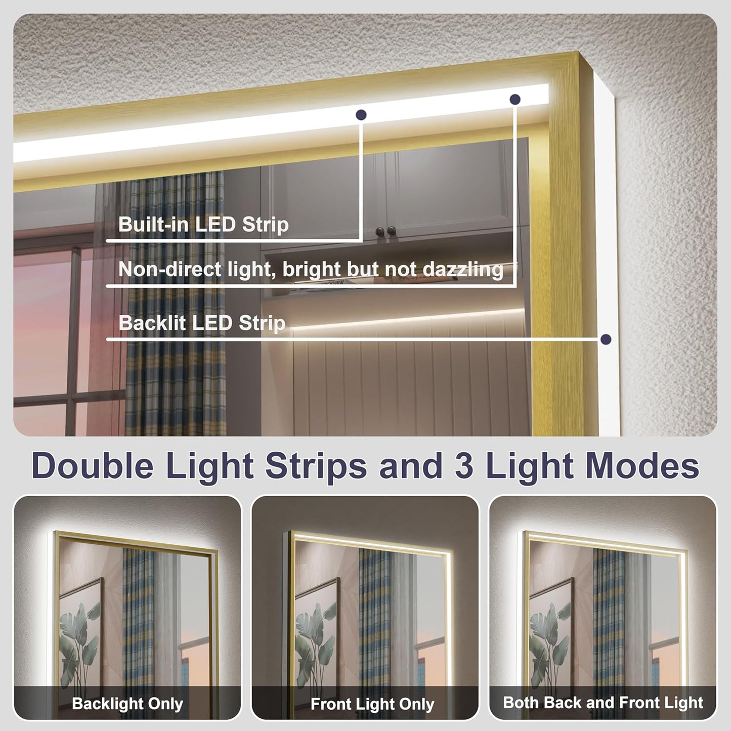 28x36 Inch Gold LED Bathroom Mirror with Front and Back Lights, Adjustable 3000K/4500K/6000K, Wall Mounted Lighted Bathroom Vanity Mirror, Dimmable, Anti-Fog, Horizontal/Vertical